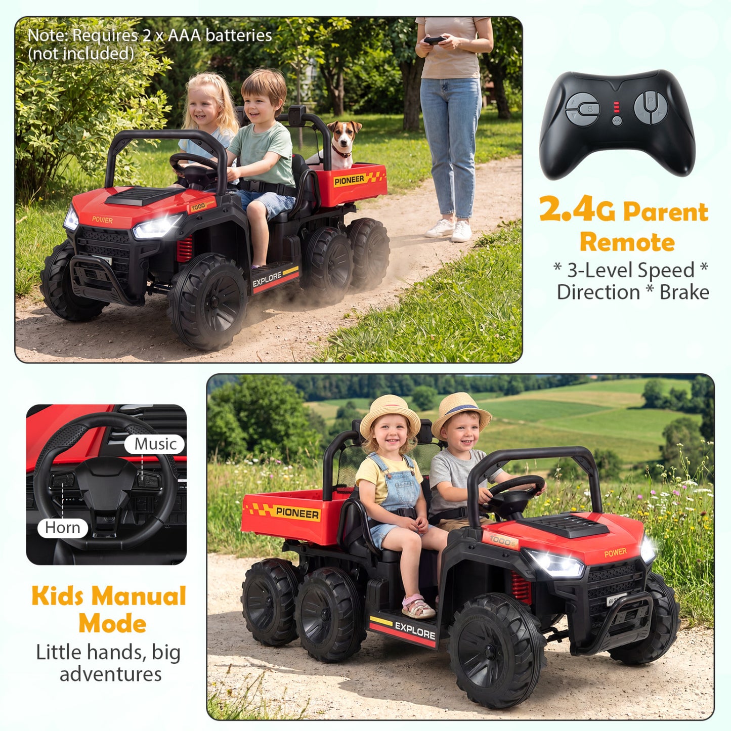 24V 2-Seater Kids Ride On Dump Truck, 4WD, Electric Dump Bed, Lights, Red Powered Ride On Toys at Gallery Canada