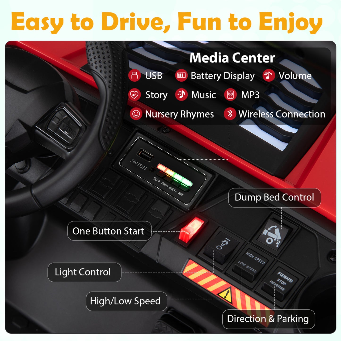 24V 2-Seater Kids Ride On Dump Truck, 4WD, Electric Dump Bed, Lights, Red Powered Ride On Toys at Gallery Canada