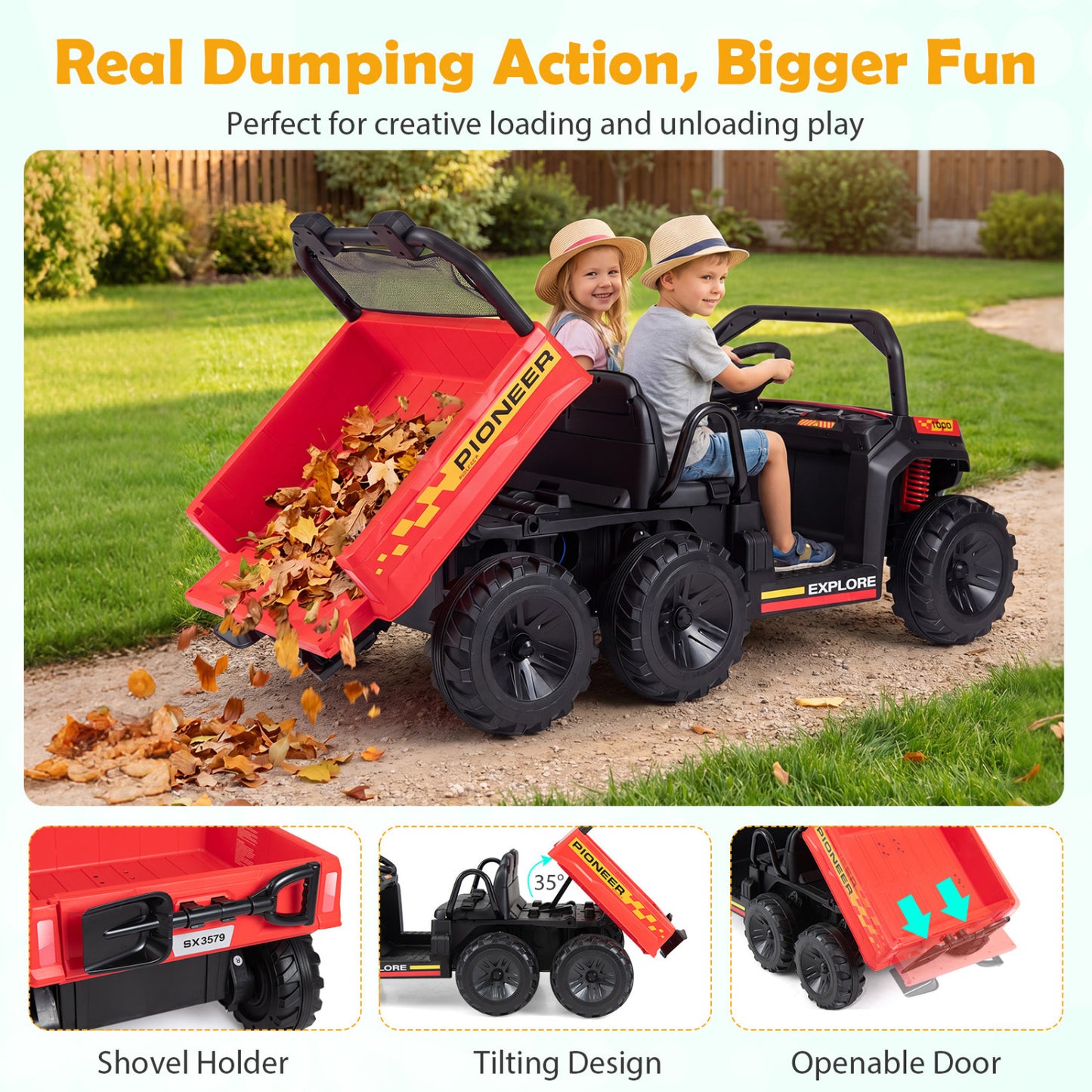 24V 2-Seater Kids Ride On Dump Truck, 4WD, Electric Dump Bed, Lights, Red Powered Ride On Toys at Gallery Canada
