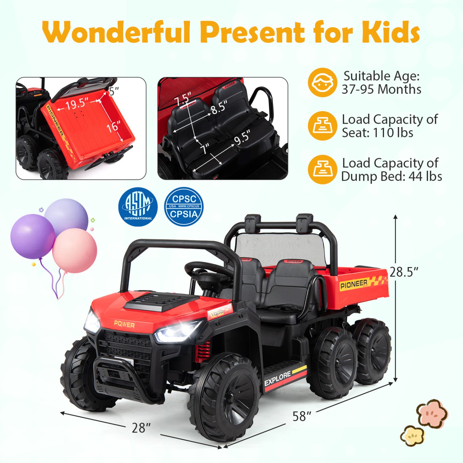 24V 2-Seater Kids Ride On Dump Truck, 4WD, Electric Dump Bed, Lights, Red Powered Ride On Toys at Gallery Canada