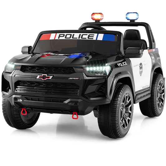 24V 2-Seater Ride on Police Car 4WD Chevrolet with Megaphone and LED Flashing Lights, Black & White Powered Ride On Toys Black & White at Gallery Canada