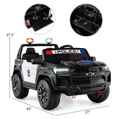 24V 2-Seater Ride on Police Car 4WD Chevrolet with Megaphone and LED Flashing Lights, Black & White Powered Ride On Toys at Gallery Canada