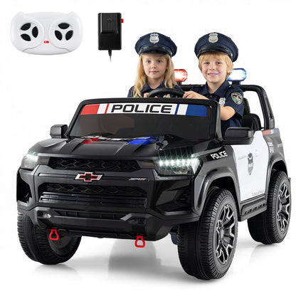 24V 2-Seater Ride on Police Car 4WD Chevrolet with Megaphone and LED Flashing Lights, Black & White Powered Ride On Toys at Gallery Canada