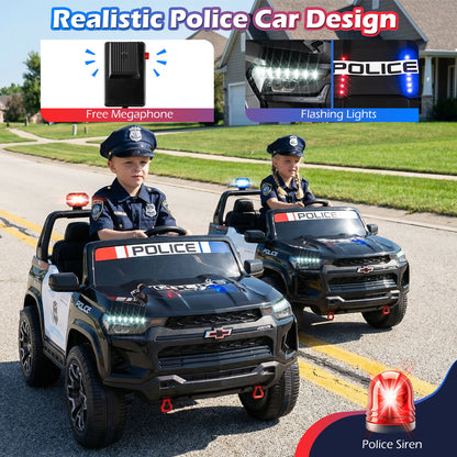 24V 2-Seater Ride on Police Car 4WD Chevrolet with Megaphone and LED Flashing Lights, Black & White Powered Ride On Toys at Gallery Canada