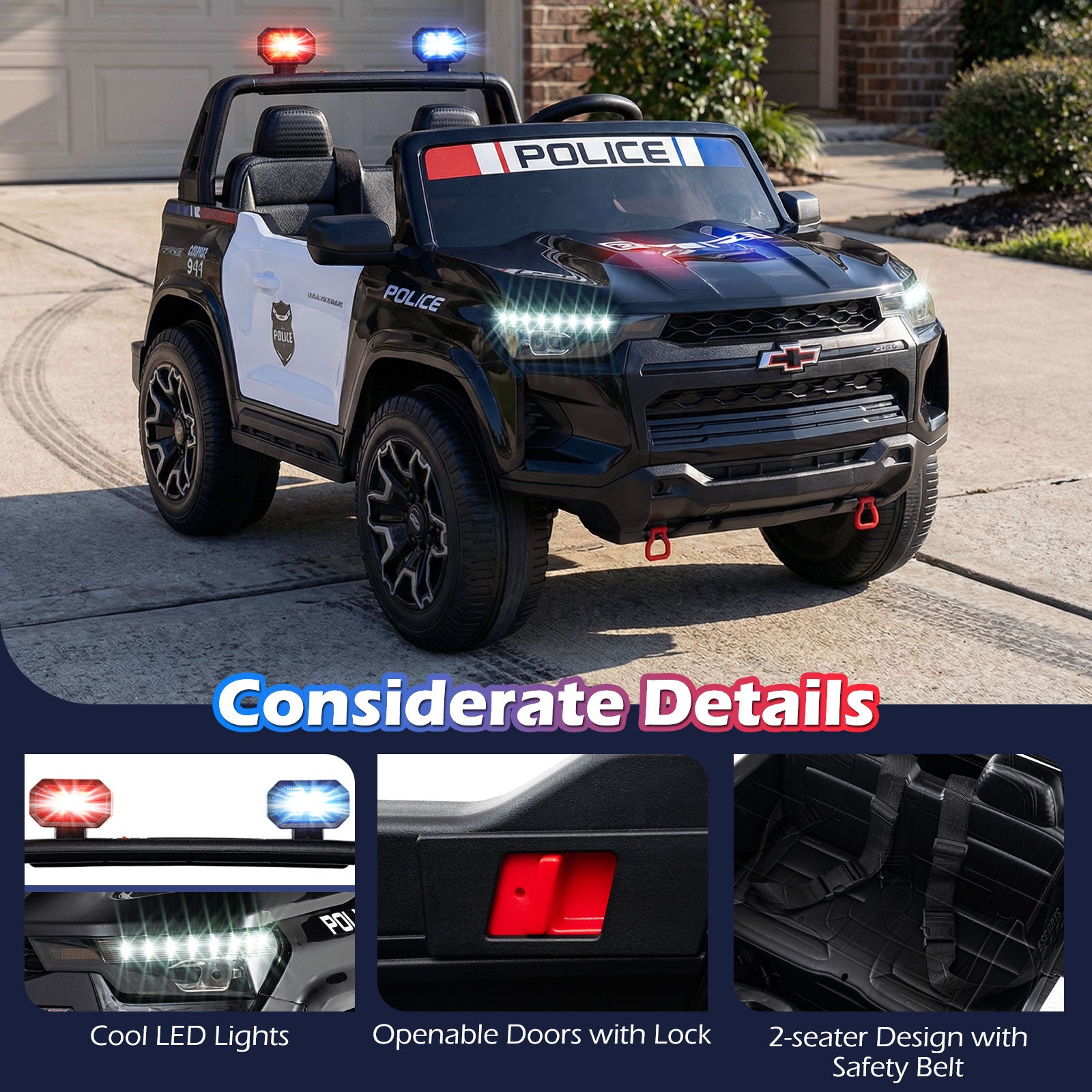 24V 2-Seater Ride on Police Car 4WD Chevrolet with Megaphone and LED Flashing Lights, Black & White Powered Ride On Toys at Gallery Canada