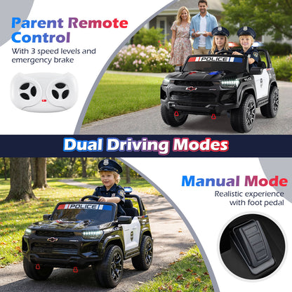 24V 2-Seater Ride on Police Car 4WD Chevrolet with Megaphone and LED Flashing Lights, Black & White Powered Ride On Toys at Gallery Canada