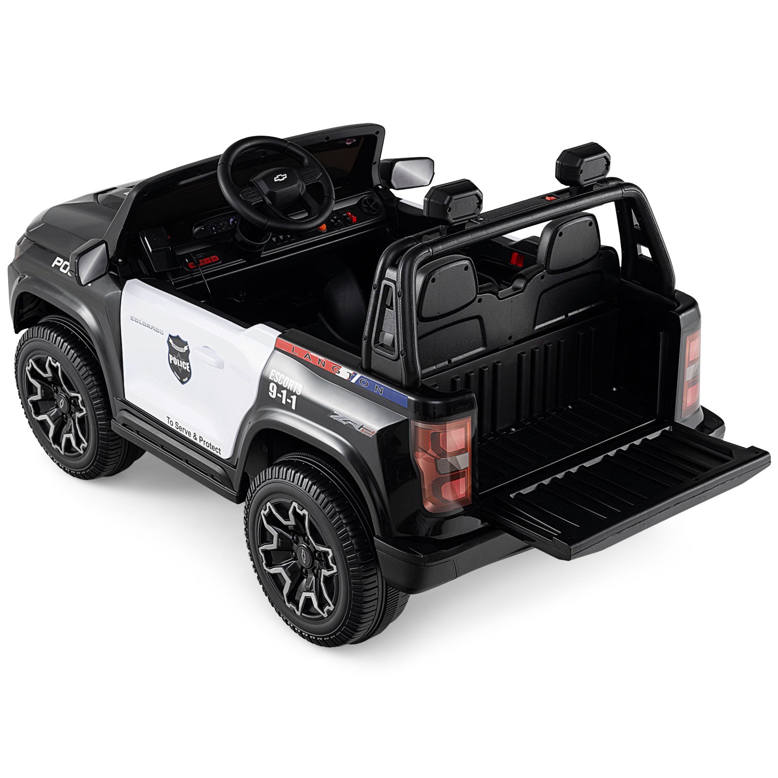 24V 2-Seater Ride on Police Car 4WD Chevrolet with Megaphone and LED Flashing Lights, Black & White Powered Ride On Toys at Gallery Canada