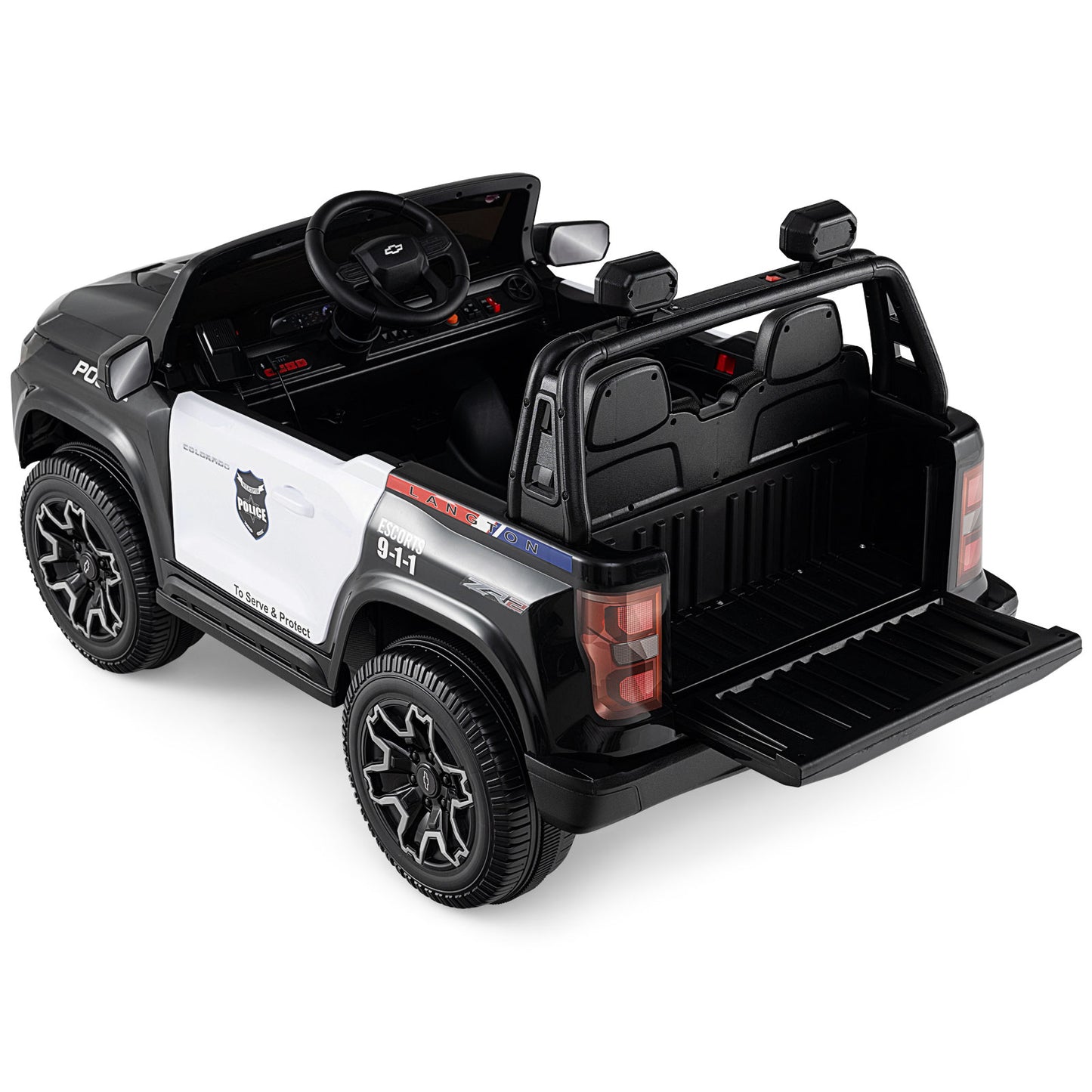 24V 2-Seater Ride on Police Car 4WD Chevrolet with Megaphone and LED Flashing Lights, Black & White Powered Ride On Toys at Gallery Canada
