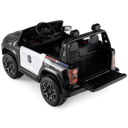 24V 2-Seater Ride on Police Car 4WD Chevrolet with Megaphone and LED Flashing Lights, Black & White Powered Ride On Toys at Gallery Canada