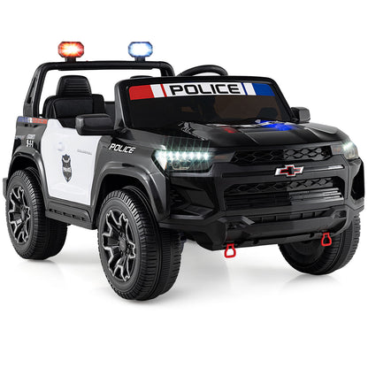 24V 2-Seater Ride on Police Car 4WD Chevrolet with Megaphone and LED Flashing Lights, Black & White Powered Ride On Toys at Gallery Canada