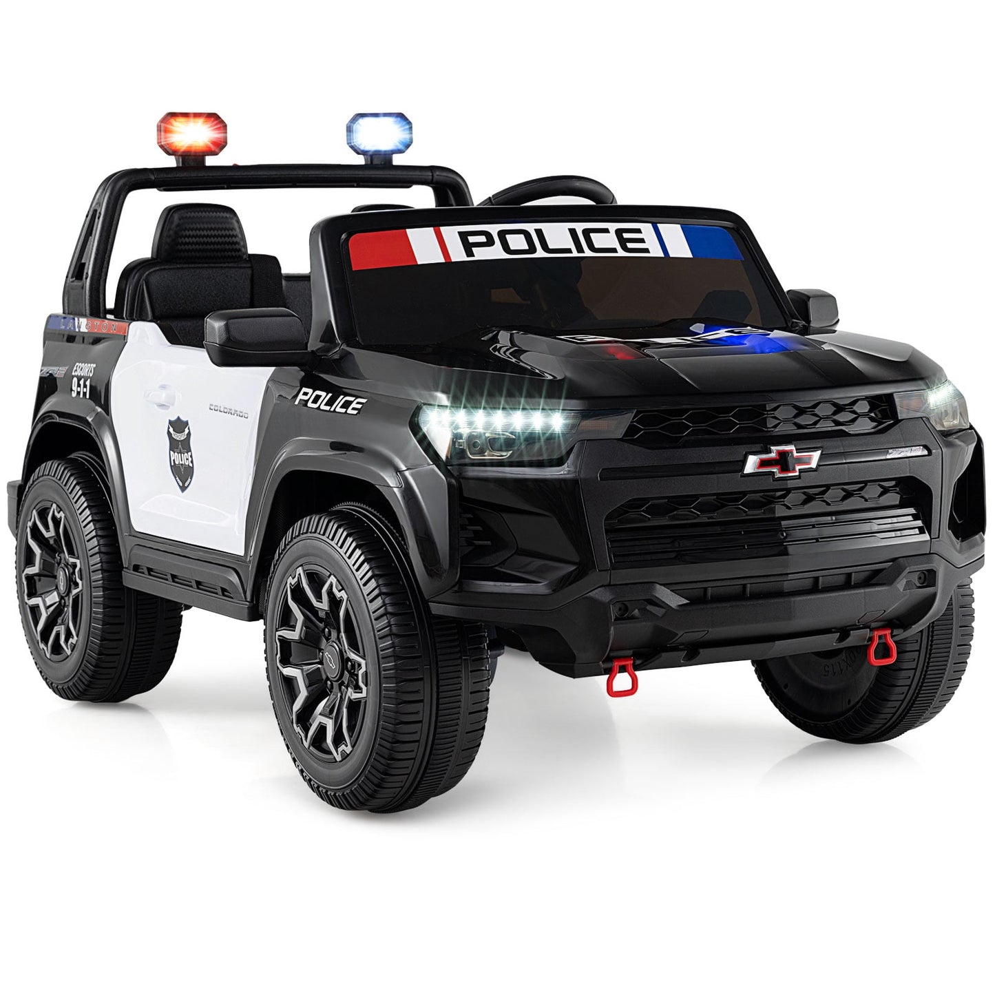 24V 2-Seater Ride on Police Car 4WD Chevrolet with Megaphone and LED Flashing Lights, Black & White Powered Ride On Toys at Gallery Canada