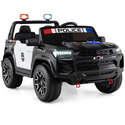 24V 2-Seater Ride on Police Car 4WD Chevrolet with Megaphone and LED Flashing Lights, Black & White Powered Ride On Toys at Gallery Canada