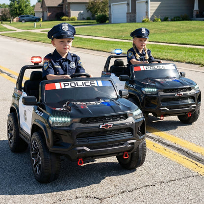 24V 2-Seater Ride on Police Car 4WD Chevrolet with Megaphone and LED Flashing Lights, Black & White Powered Ride On Toys at Gallery Canada