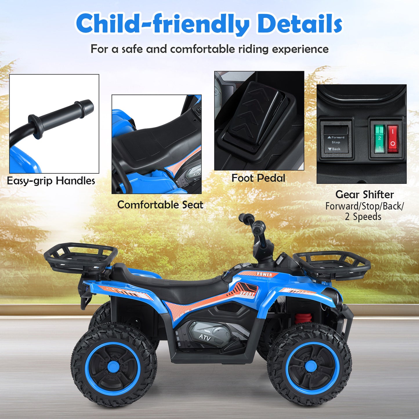 24V Electric Ride On Quad with LED Headlights, Blue