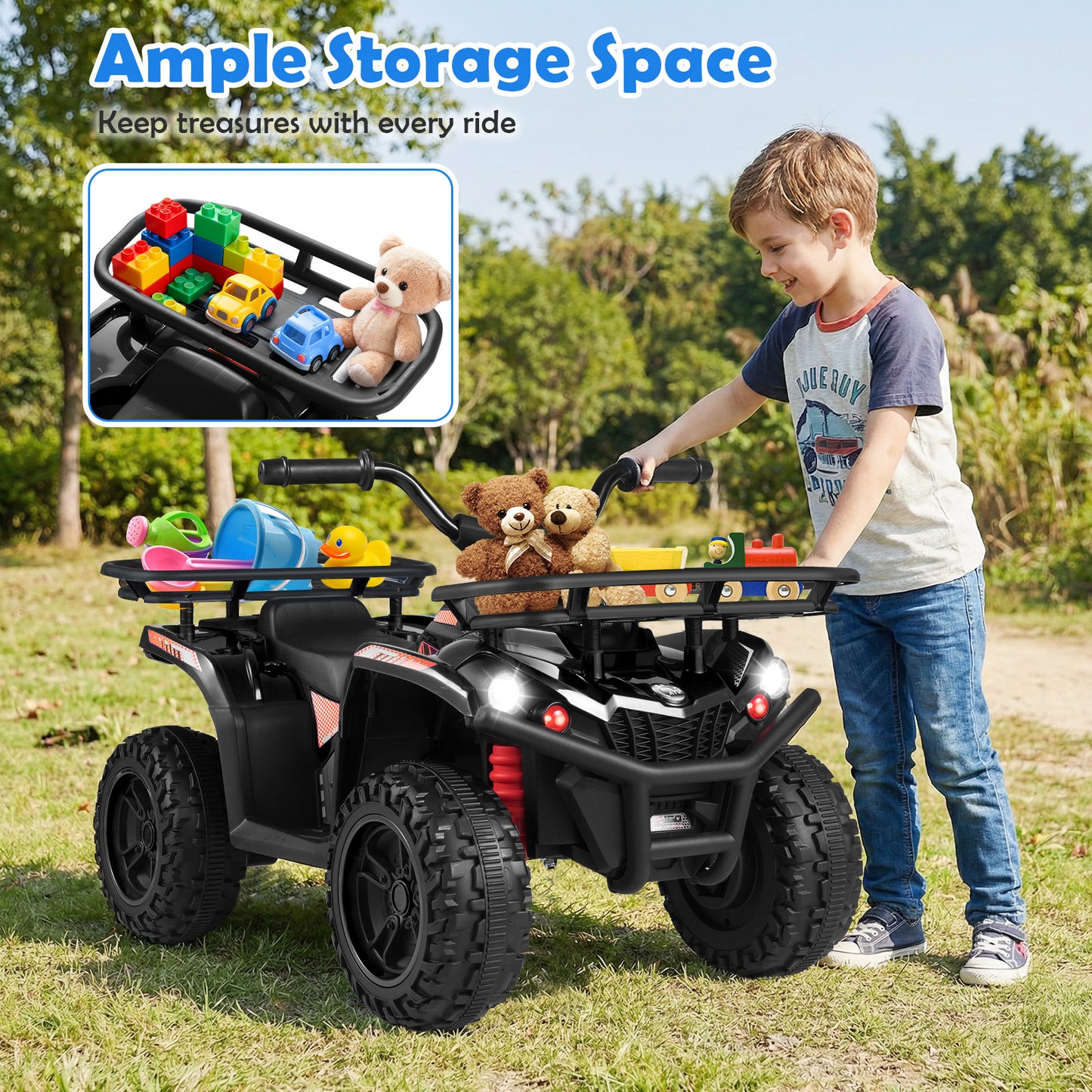 24V Electric Ride On Quad with LED Headlights, Black Powered Ride On Toys at Gallery Canada