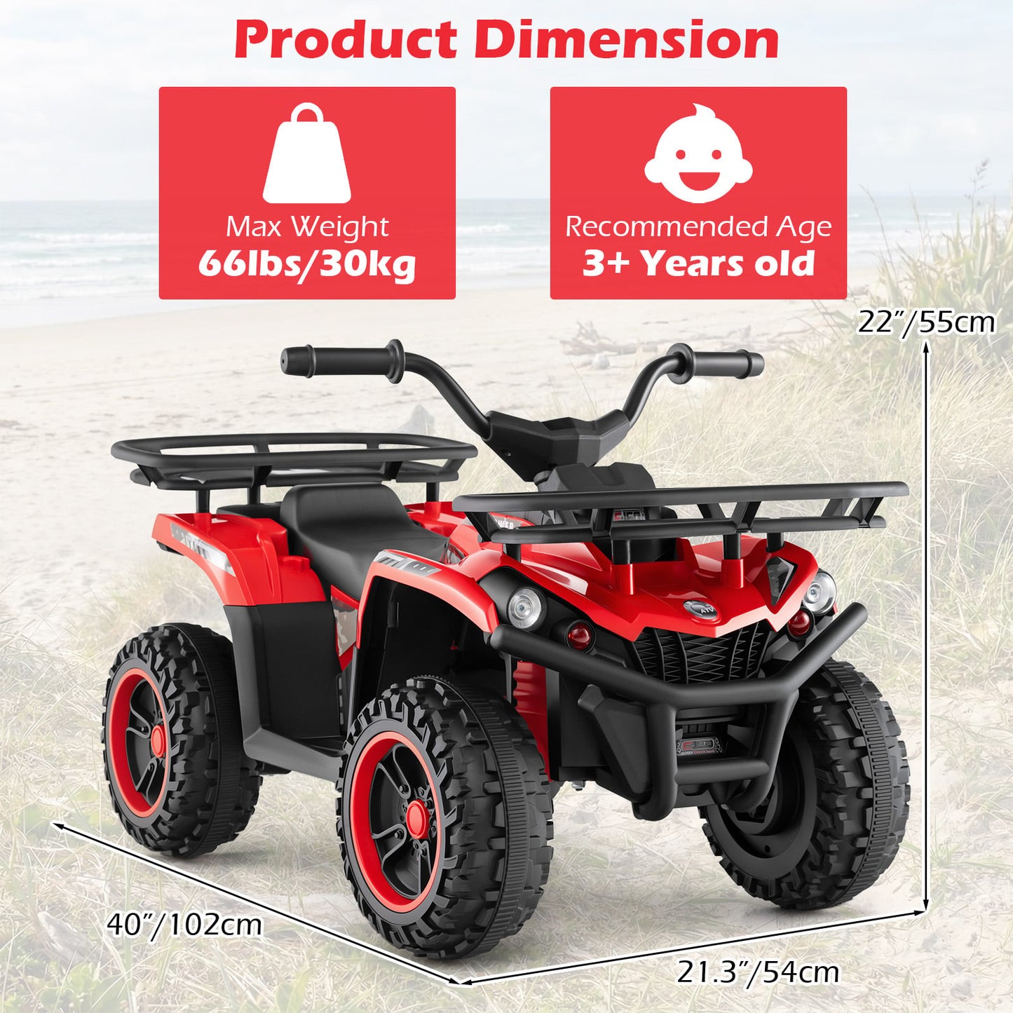 24V Electric Ride On Quad with LED Headlights, Red