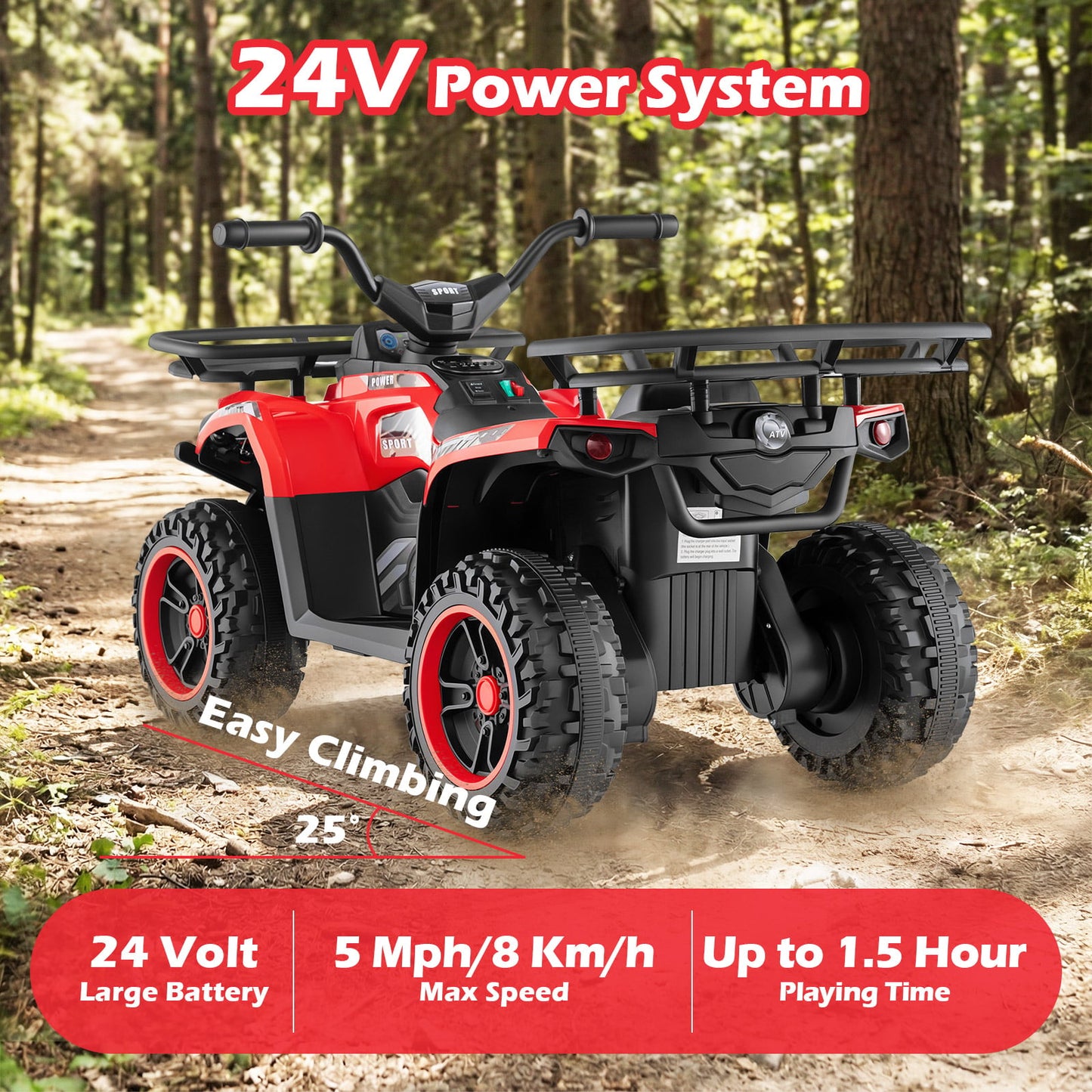 24V Electric Ride On Quad with LED Headlights, Red