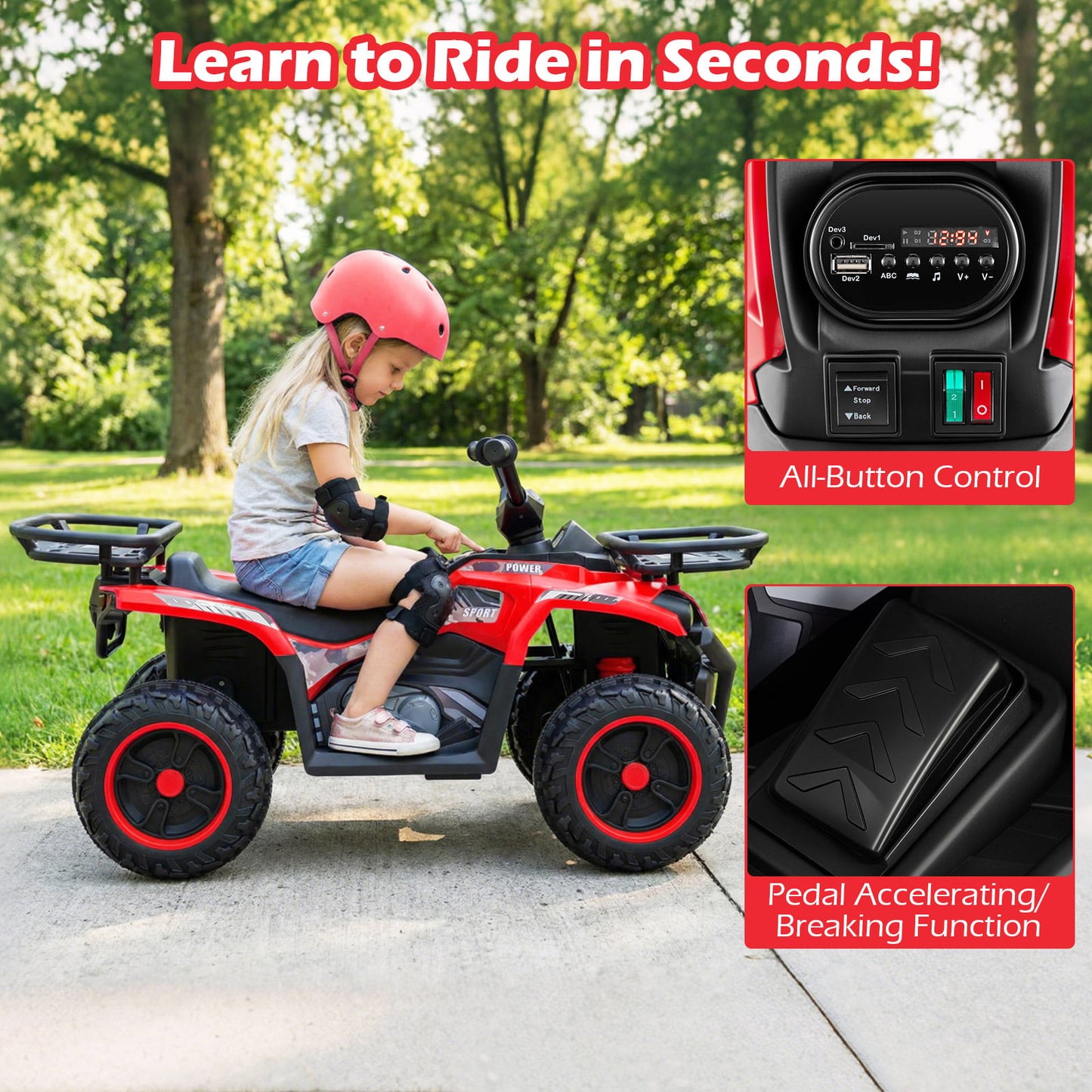 24V Electric Ride On Quad with LED Headlights, Red