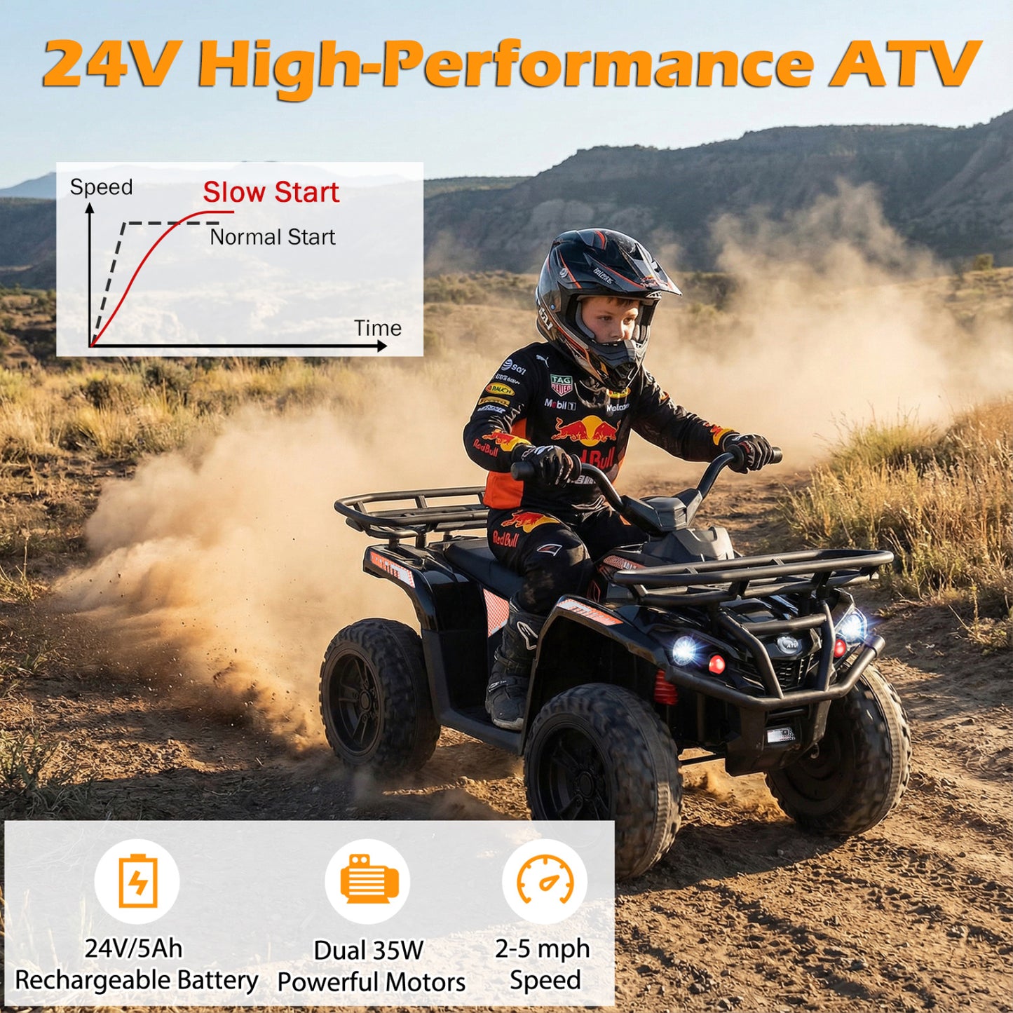 24V Electric Ride On Quad with LED Headlights, Black Powered Ride On Toys at Gallery Canada