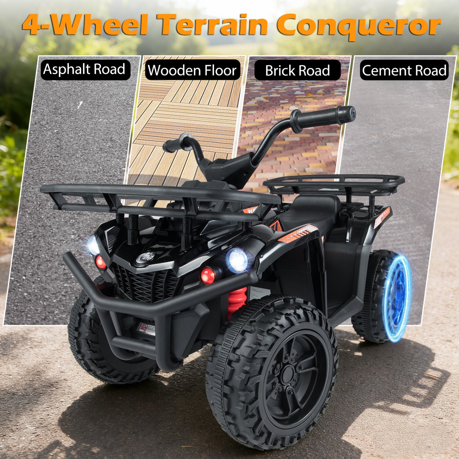 24V Electric Ride On Quad with LED Headlights, Black Powered Ride On Toys at Gallery Canada