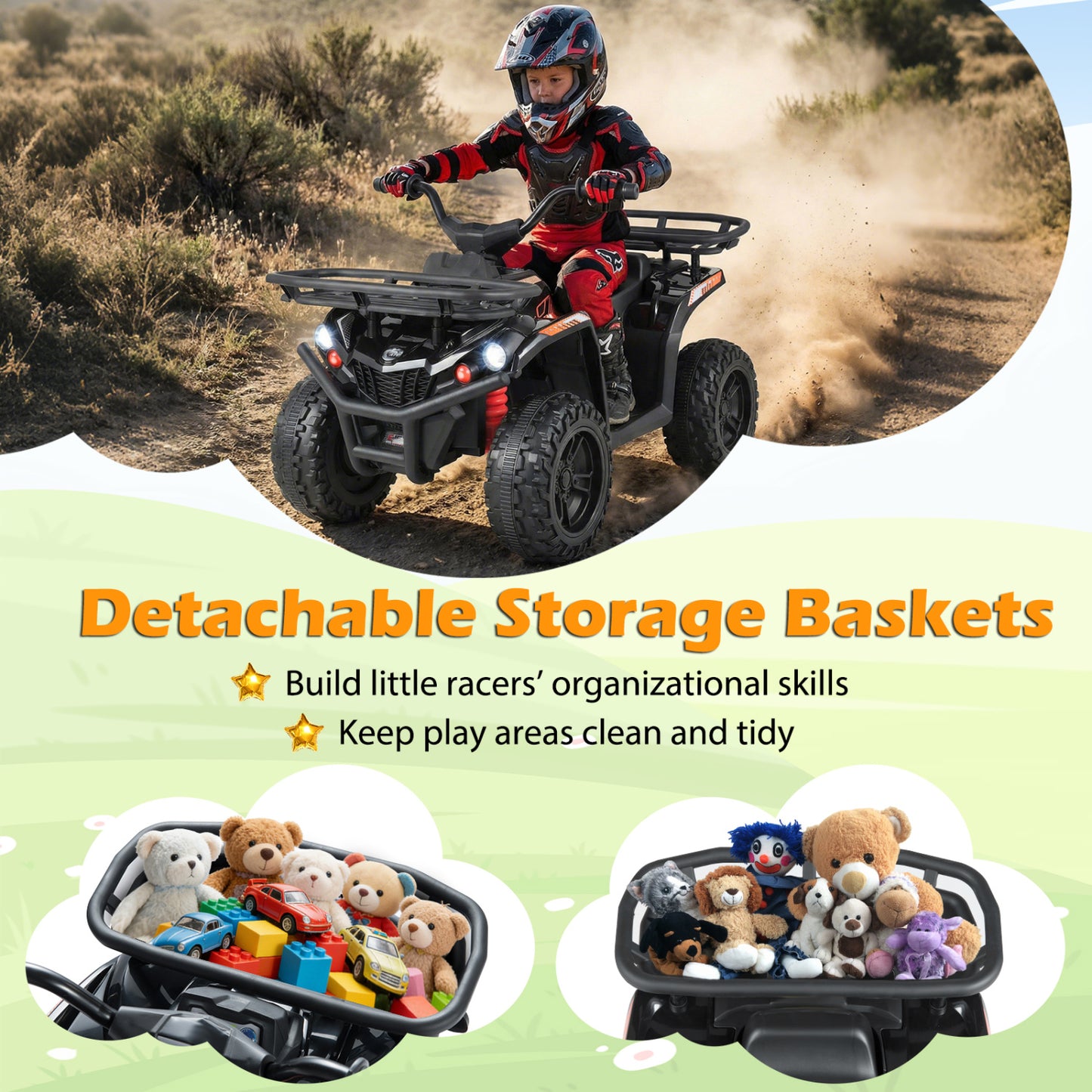 24V Electric Ride On Quad with LED Headlights, Black Powered Ride On Toys at Gallery Canada