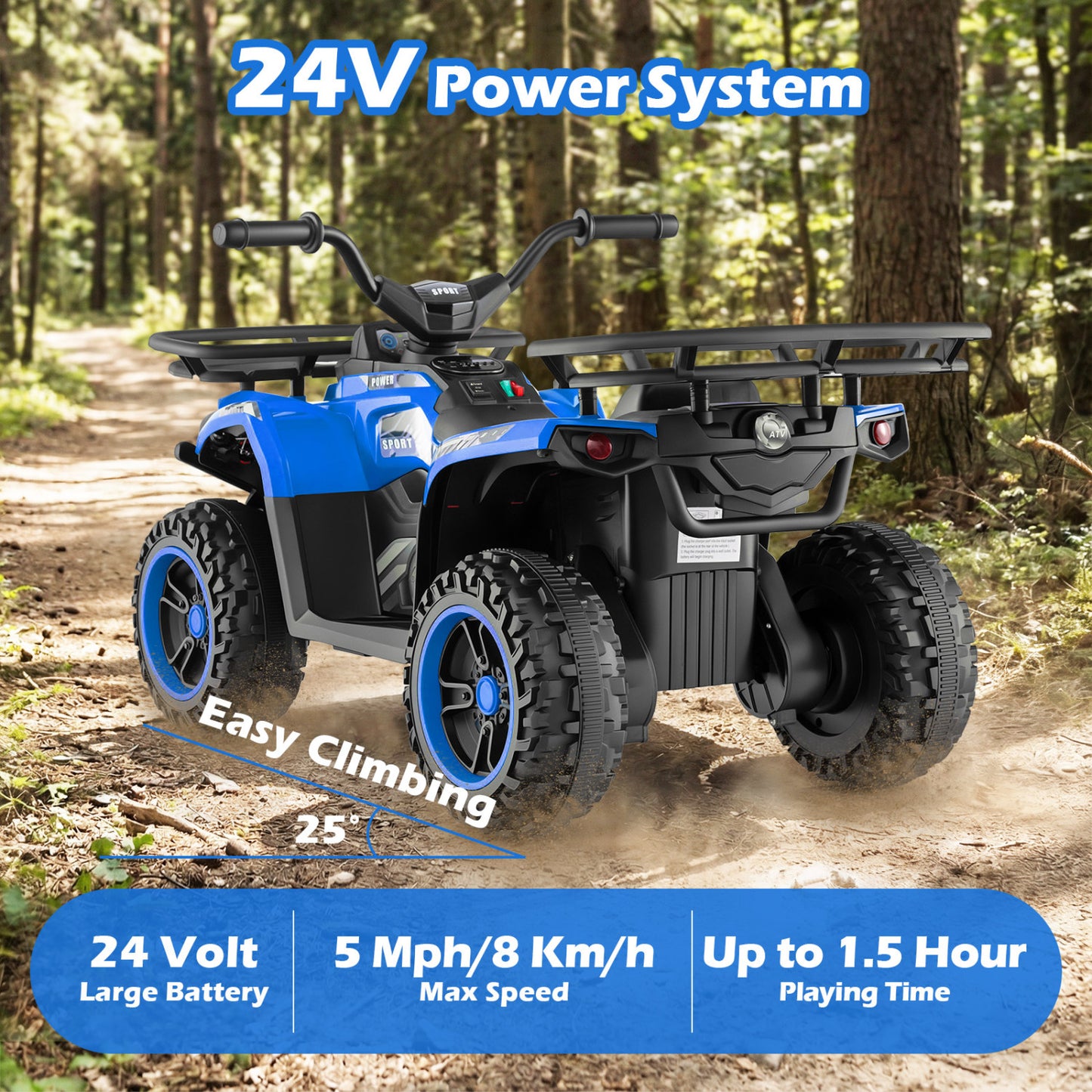 24V Electric Ride On Quad with LED Headlights, Blue Powered Ride On Toys at Gallery Canada