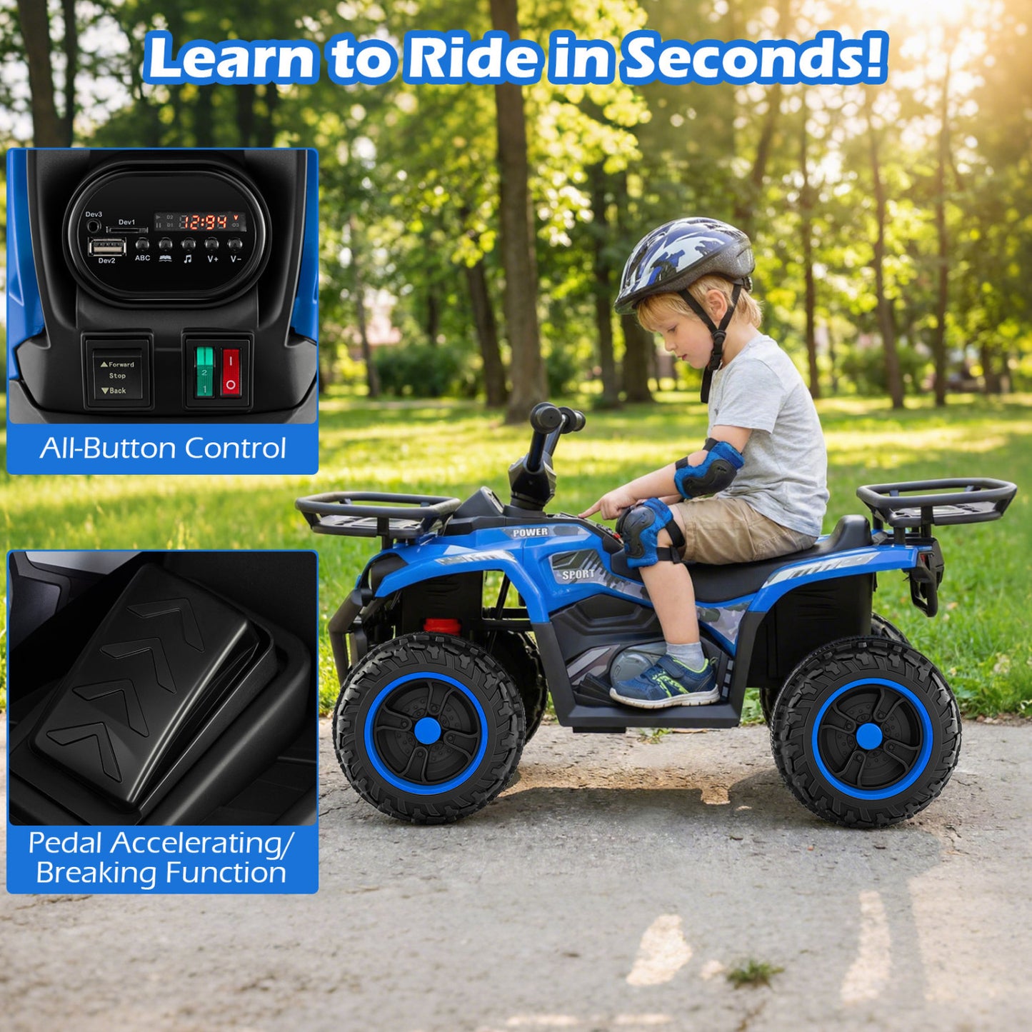 24V Electric Ride On Quad with LED Headlights, Blue Powered Ride On Toys at Gallery Canada