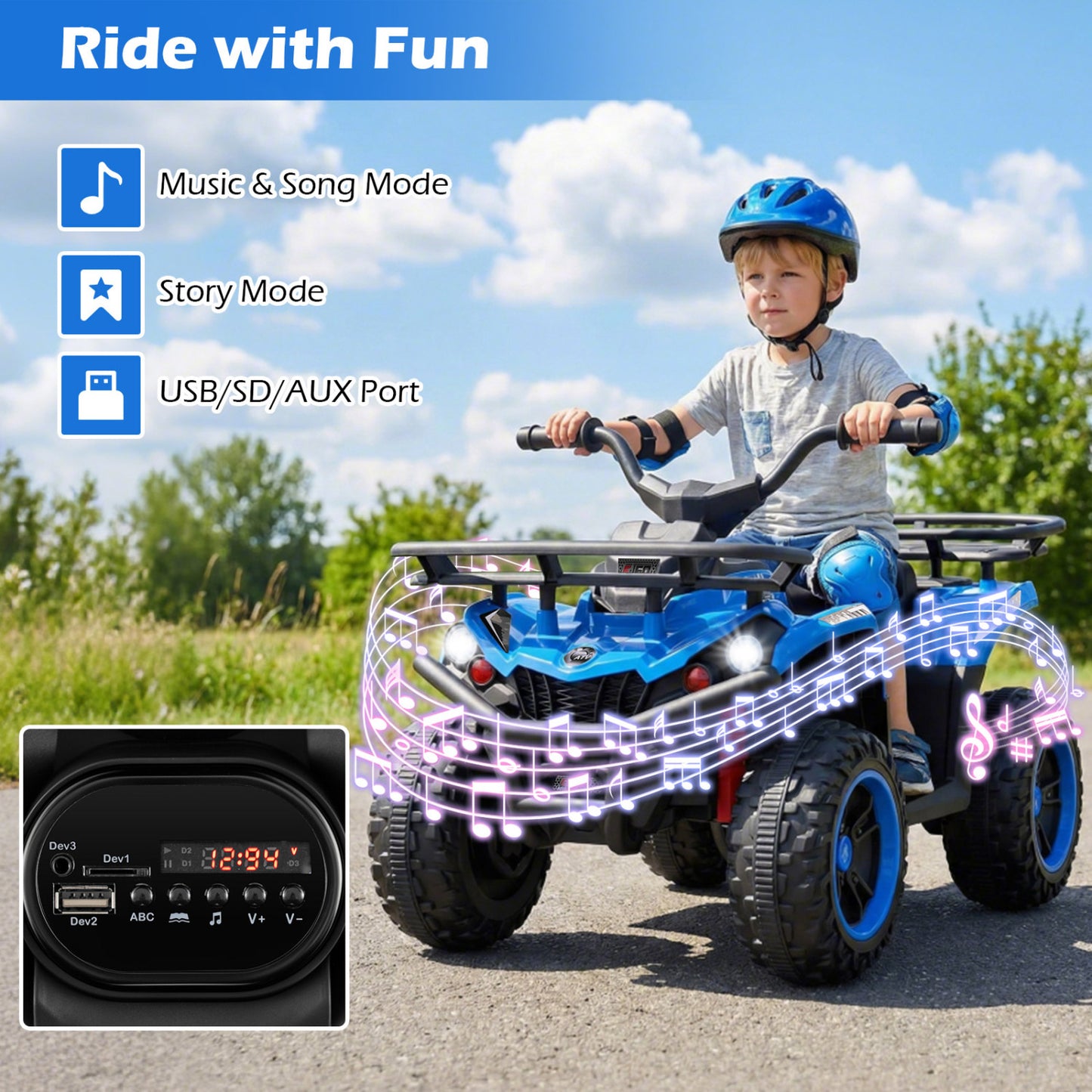 24V Electric Ride On Quad with LED Headlights, Blue Powered Ride On Toys at Gallery Canada