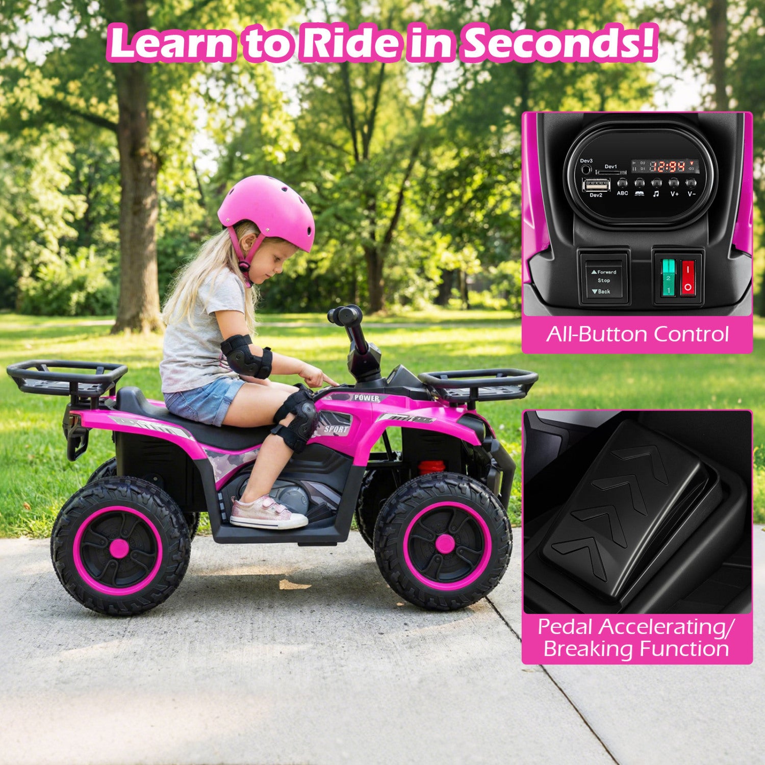24V Electric Ride On Quad with LED Headlights, Pink Powered Ride On Toys at Gallery Canada