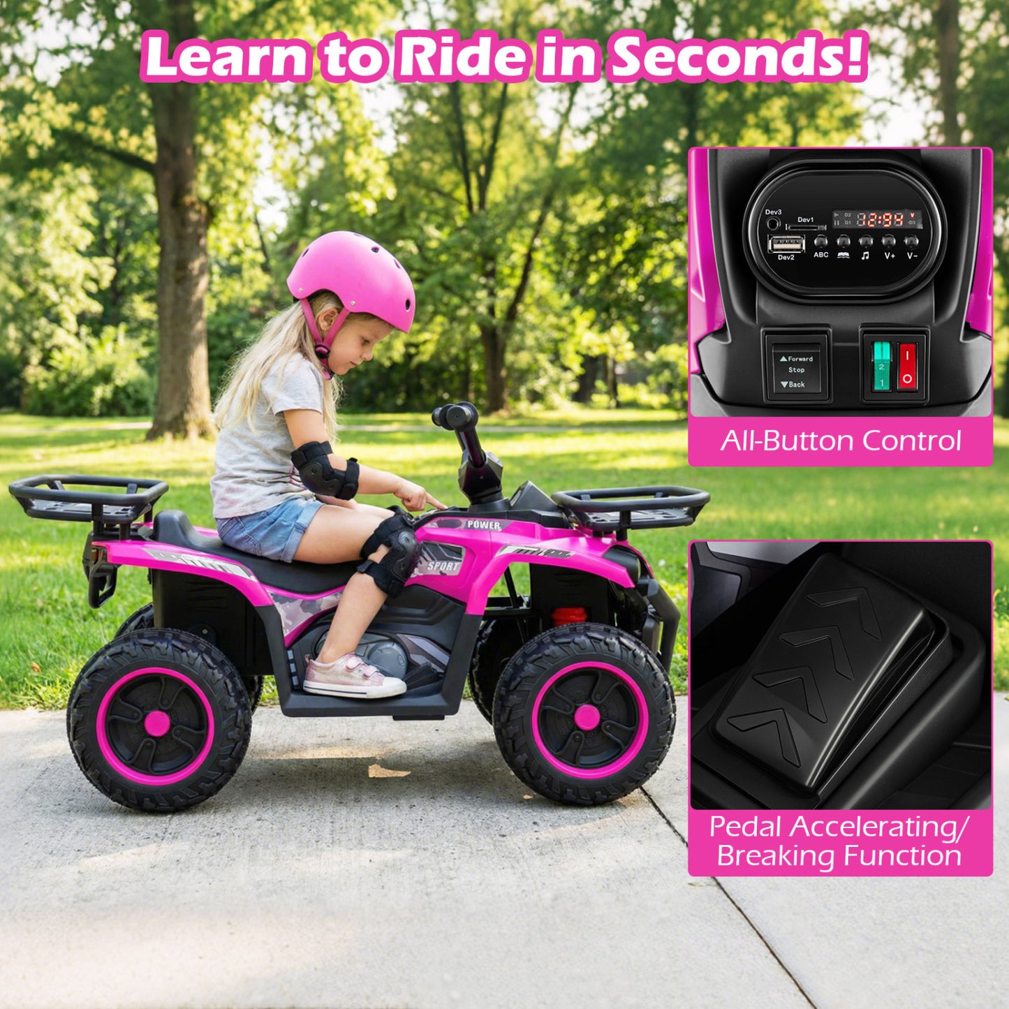 24V Electric Ride On Quad with LED Headlights, Pink Powered Ride On Toys at Gallery Canada