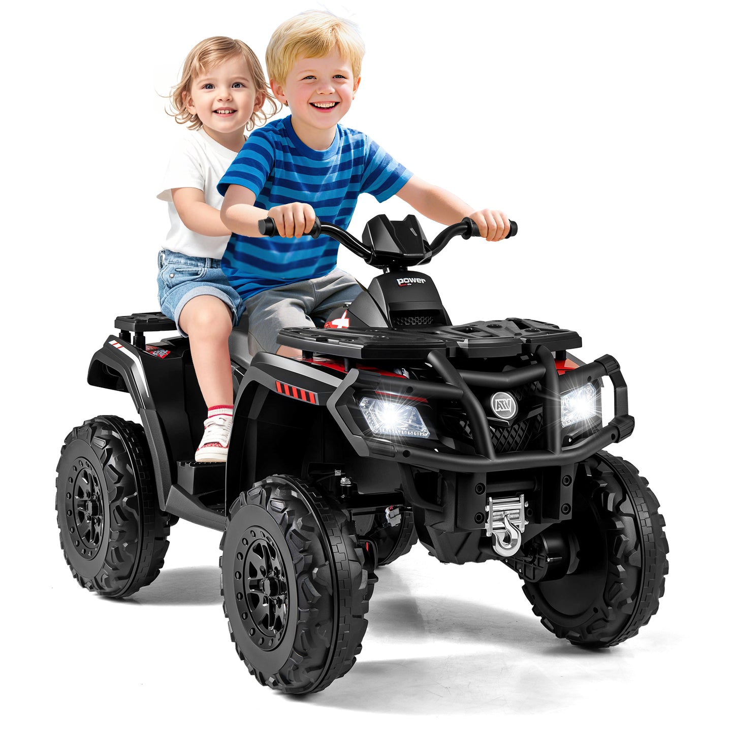 24V Kids ATV 2-Seater with 4 Motors with LED Lights and Music, Black Powered Ride On Toys at Gallery Canada