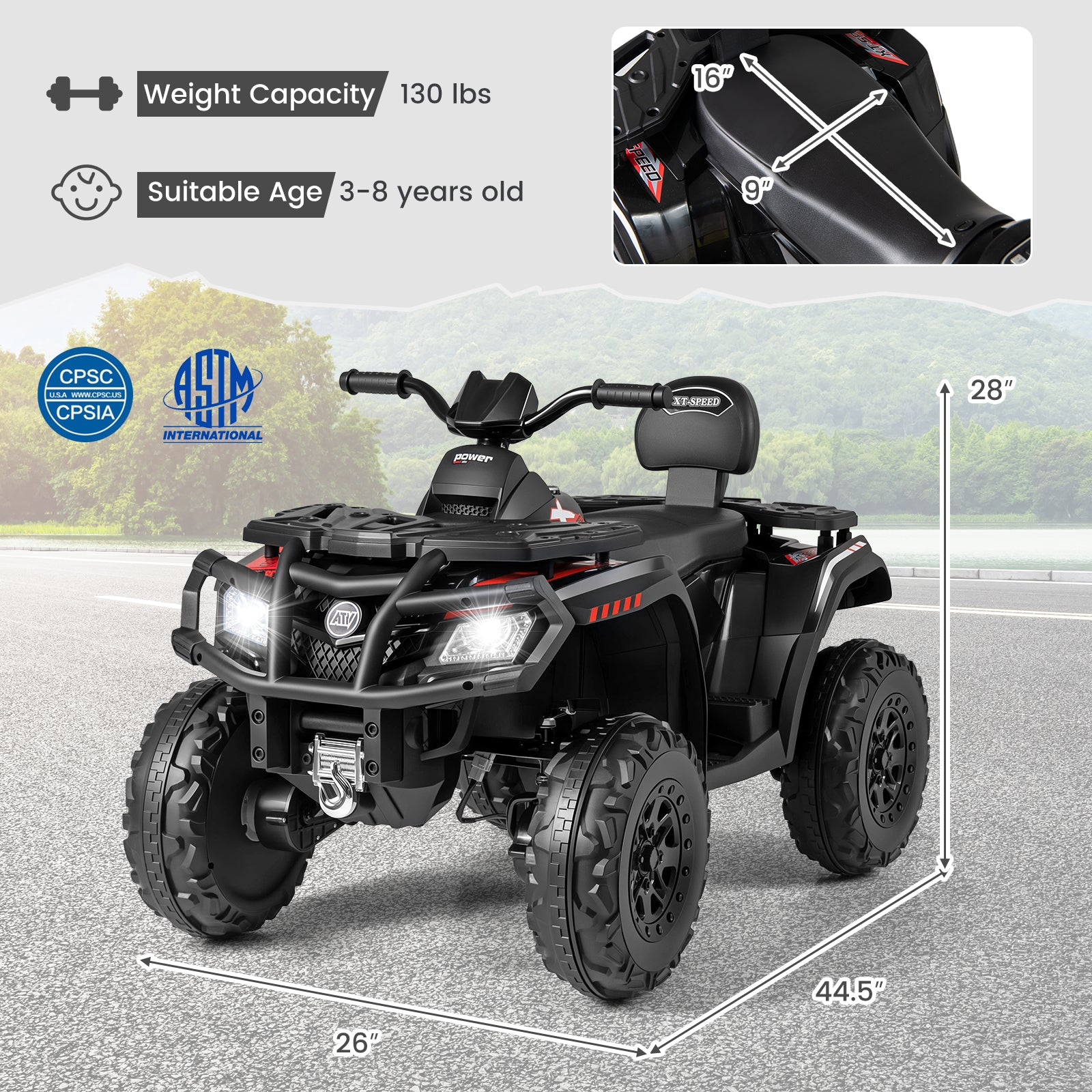 24V Kids ATV 2-Seater with 4 Motors with LED Lights and Music, Black Powered Ride On Toys at Gallery Canada