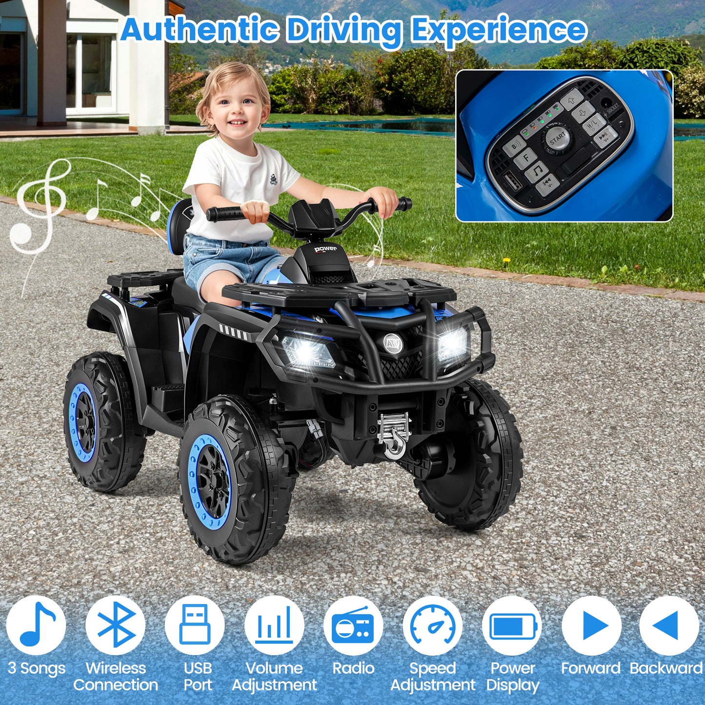 24V Kids ATV 2-Seater with 4 Motors with LED Lights and Music, Blue Powered Ride On Toys at Gallery Canada