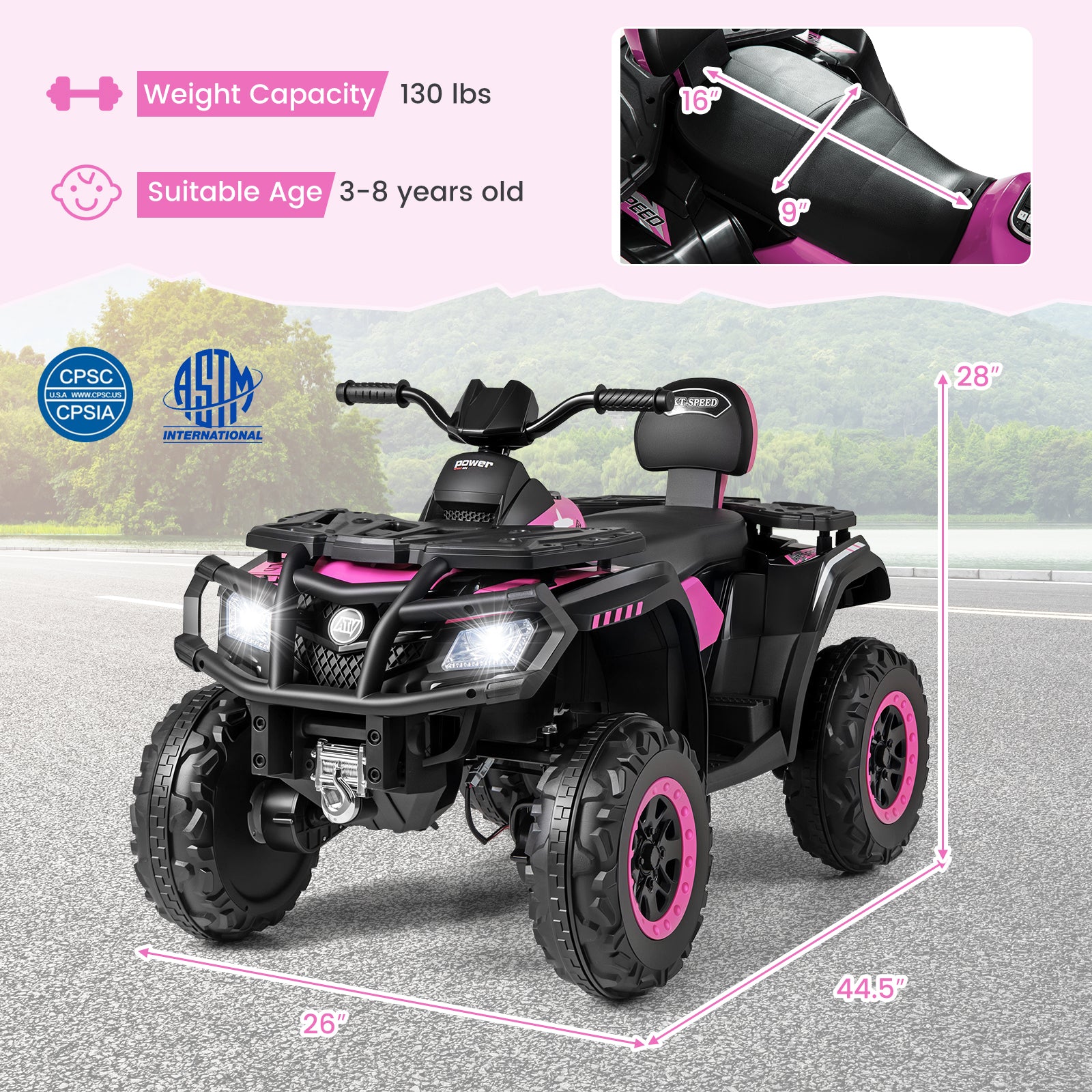 24V Kids ATV 2-Seater with 4 Motors with LED Lights and Music, Pink Powered Ride On Toys at Gallery Canada