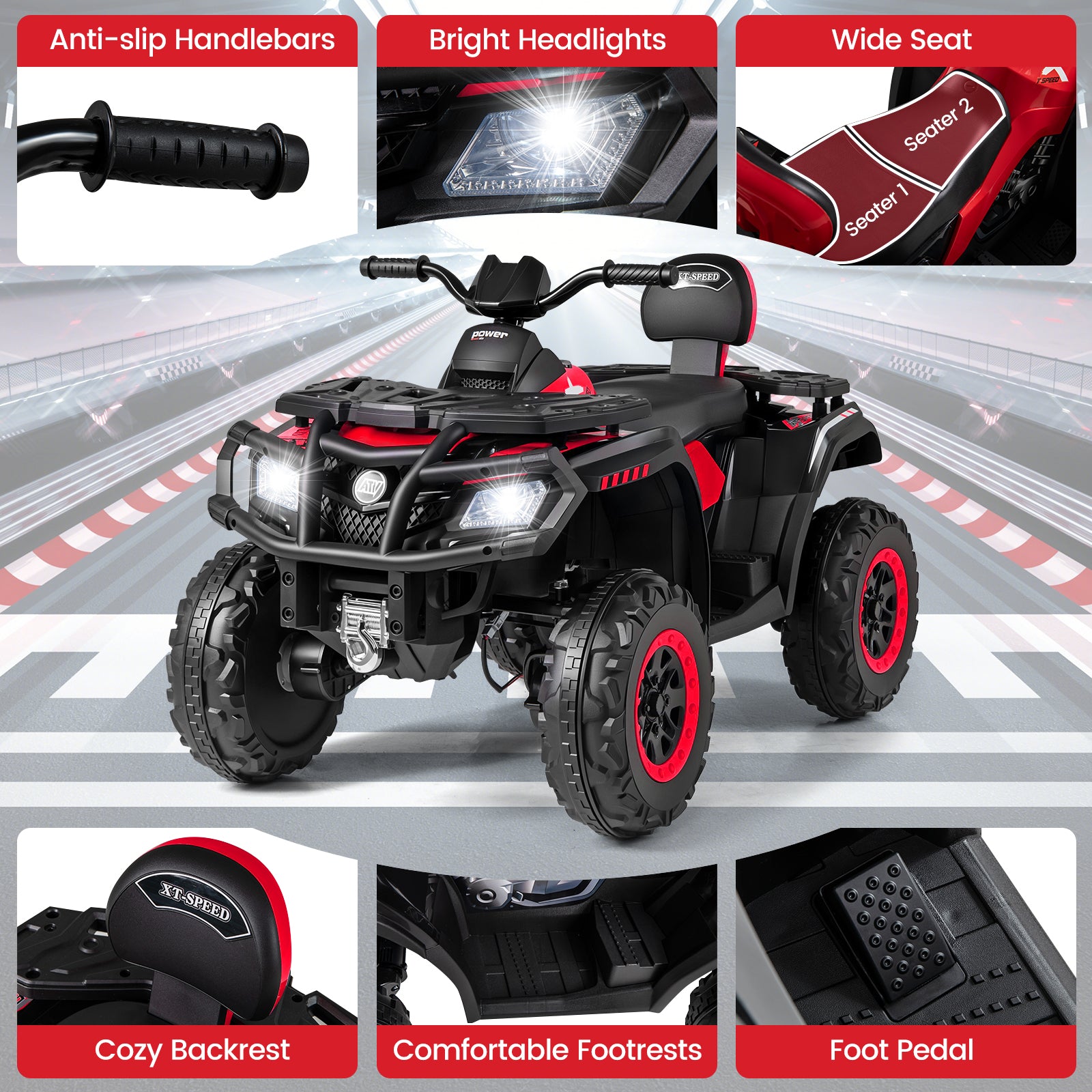 24V Kids ATV 2-Seater with 4 Motors with LED Lights and Music, Red Powered Ride On Toys at Gallery Canada