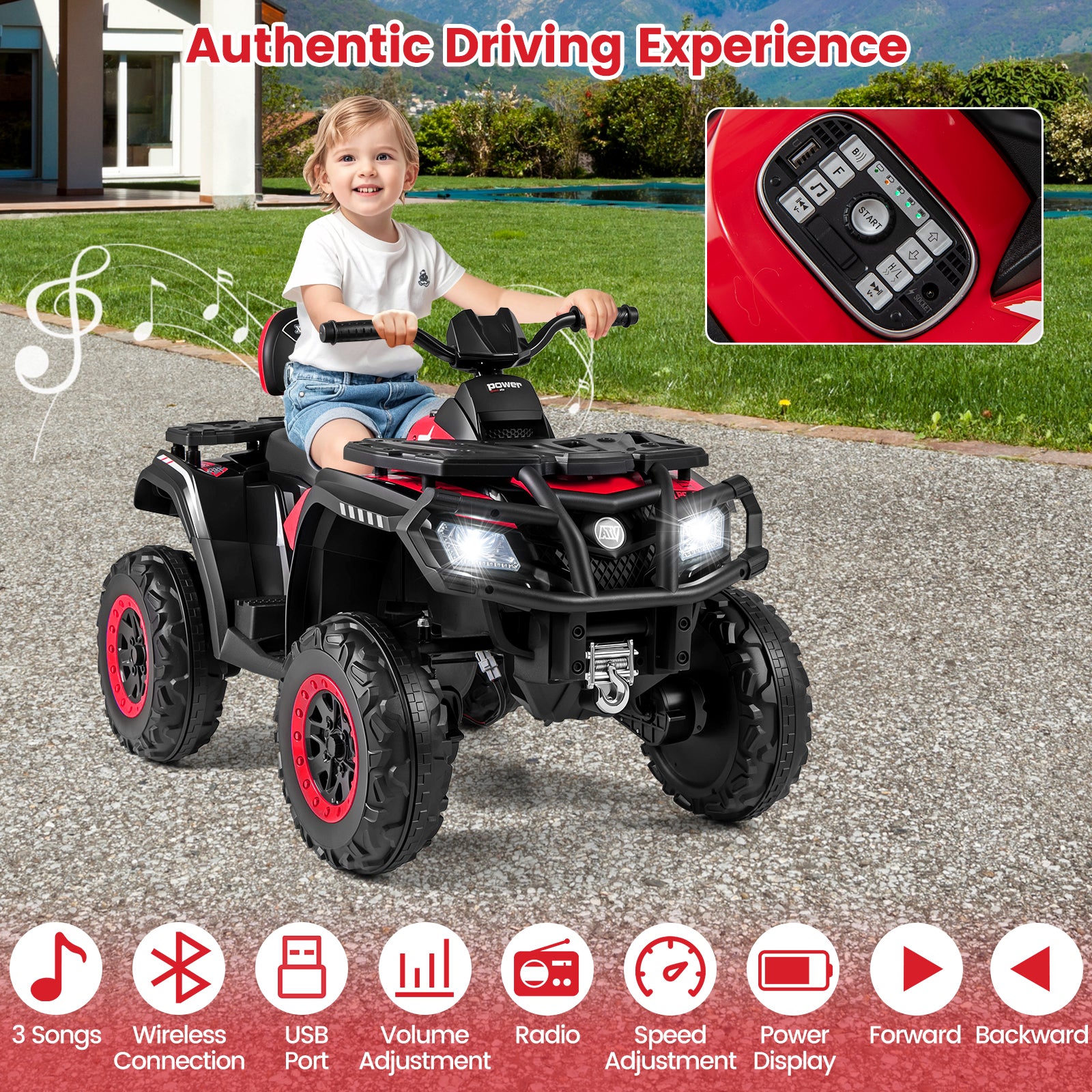 24V Kids ATV 2-Seater with 4 Motors with LED Lights and Music, Red Powered Ride On Toys at Gallery Canada