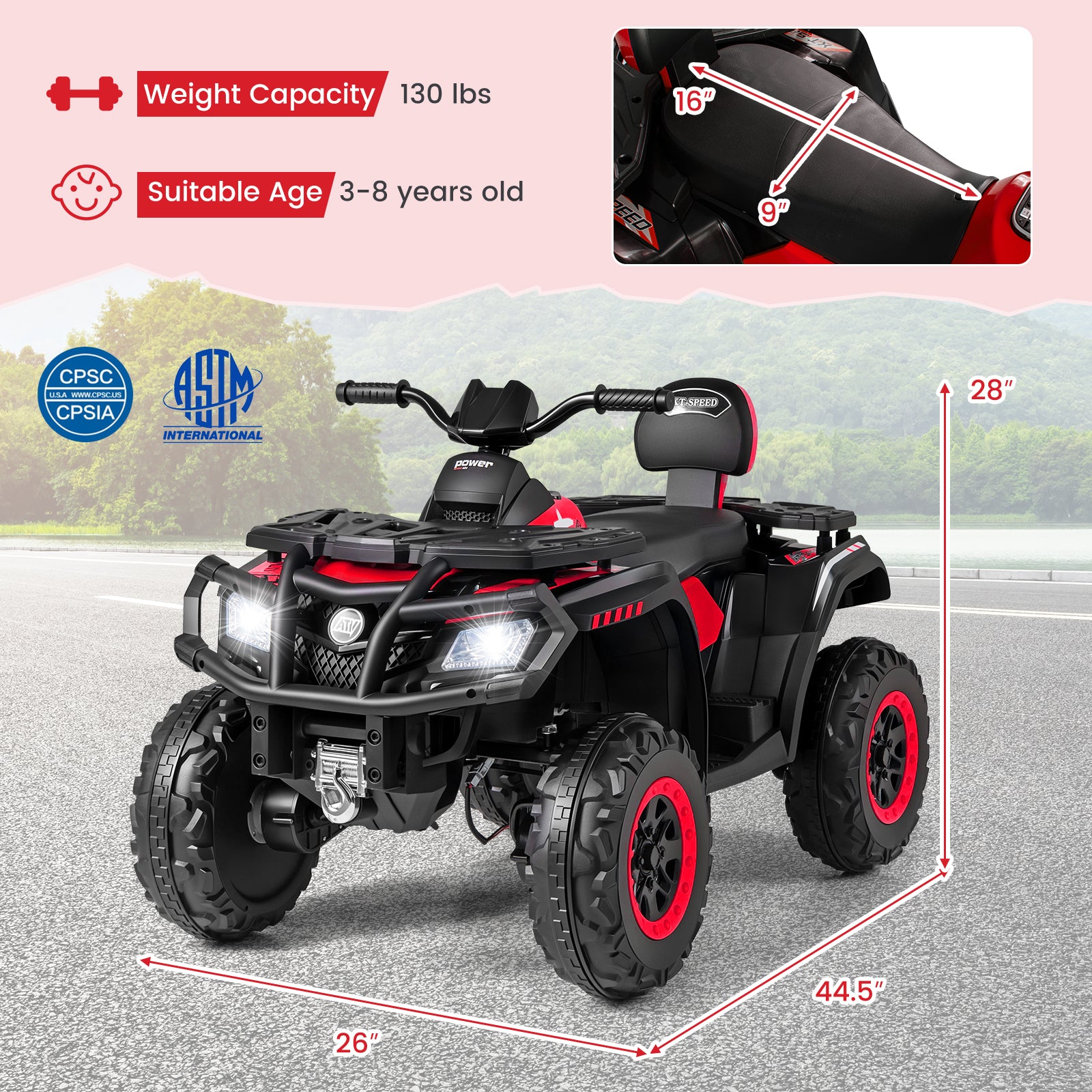 24V Kids ATV 2-Seater, 4 Motors, LED Lights, Music, Red Powered Ride On Toys at Gallery Canada