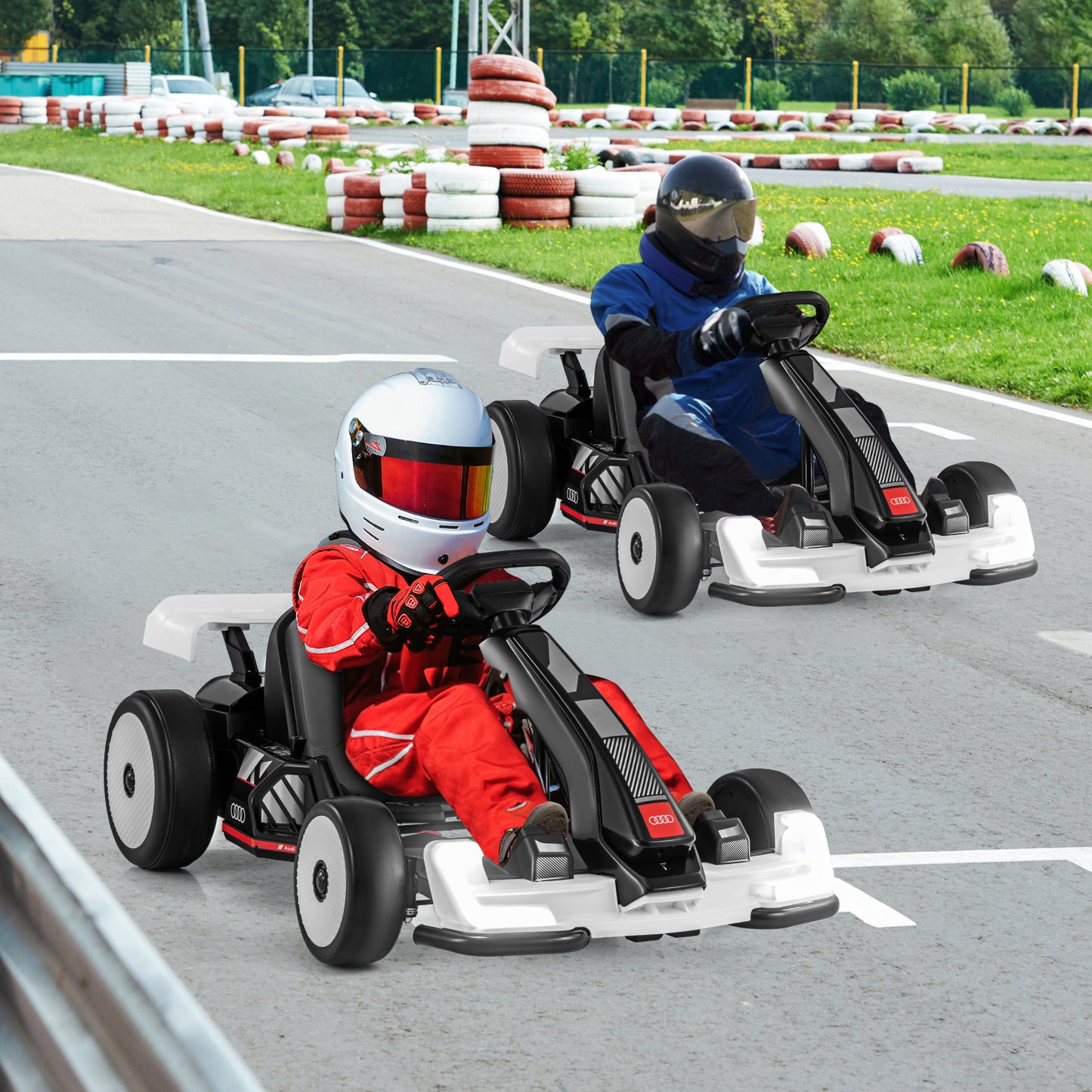 24V Kids Go Kart Licensed Audi Adjustable Ride on Racing Toy with Horn, Black & White Powered Ride On Toys at Gallery Canada