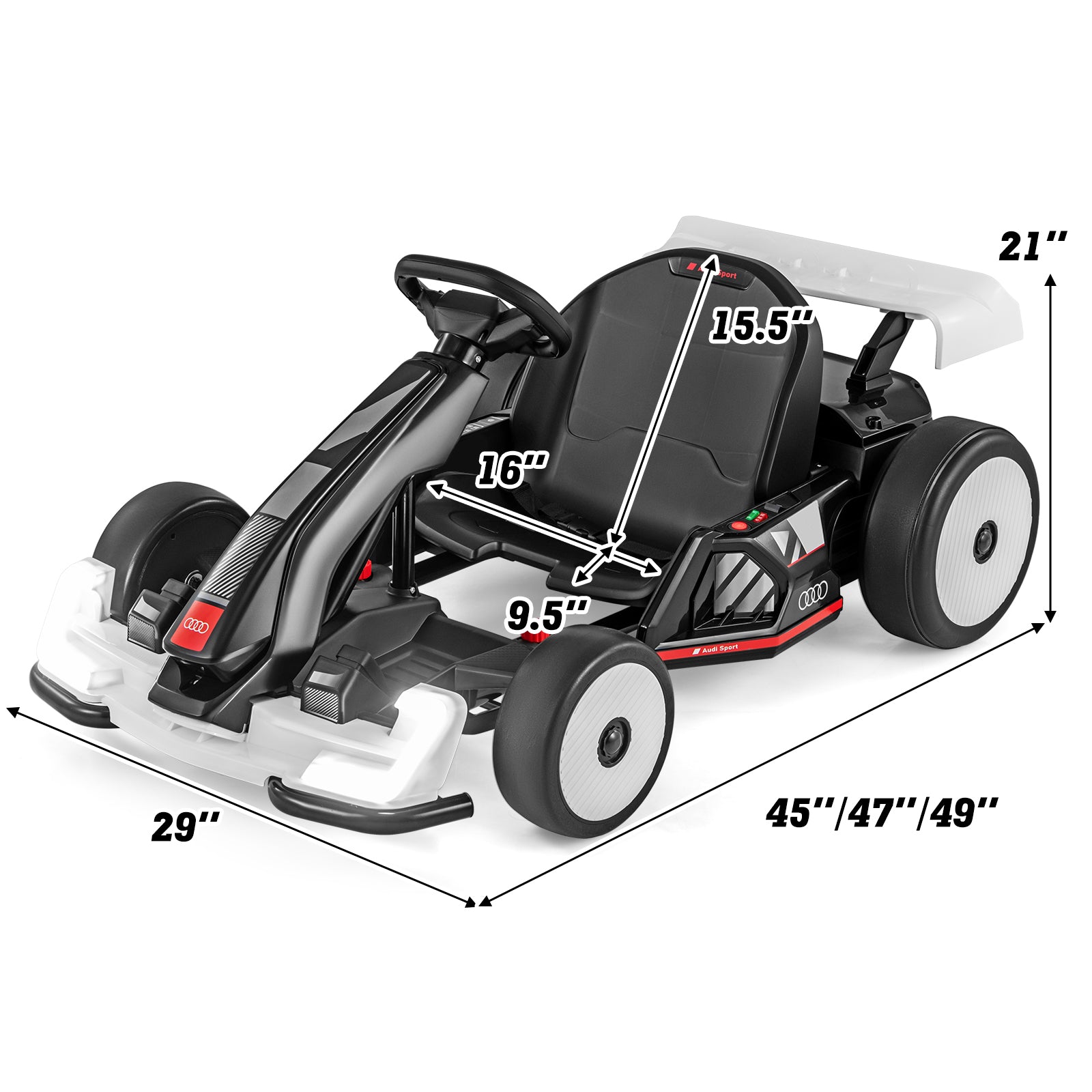 24V Kids Go Kart Licensed Audi Adjustable Ride on Racing Toy with Horn, Black & White Powered Ride On Toys at Gallery Canada