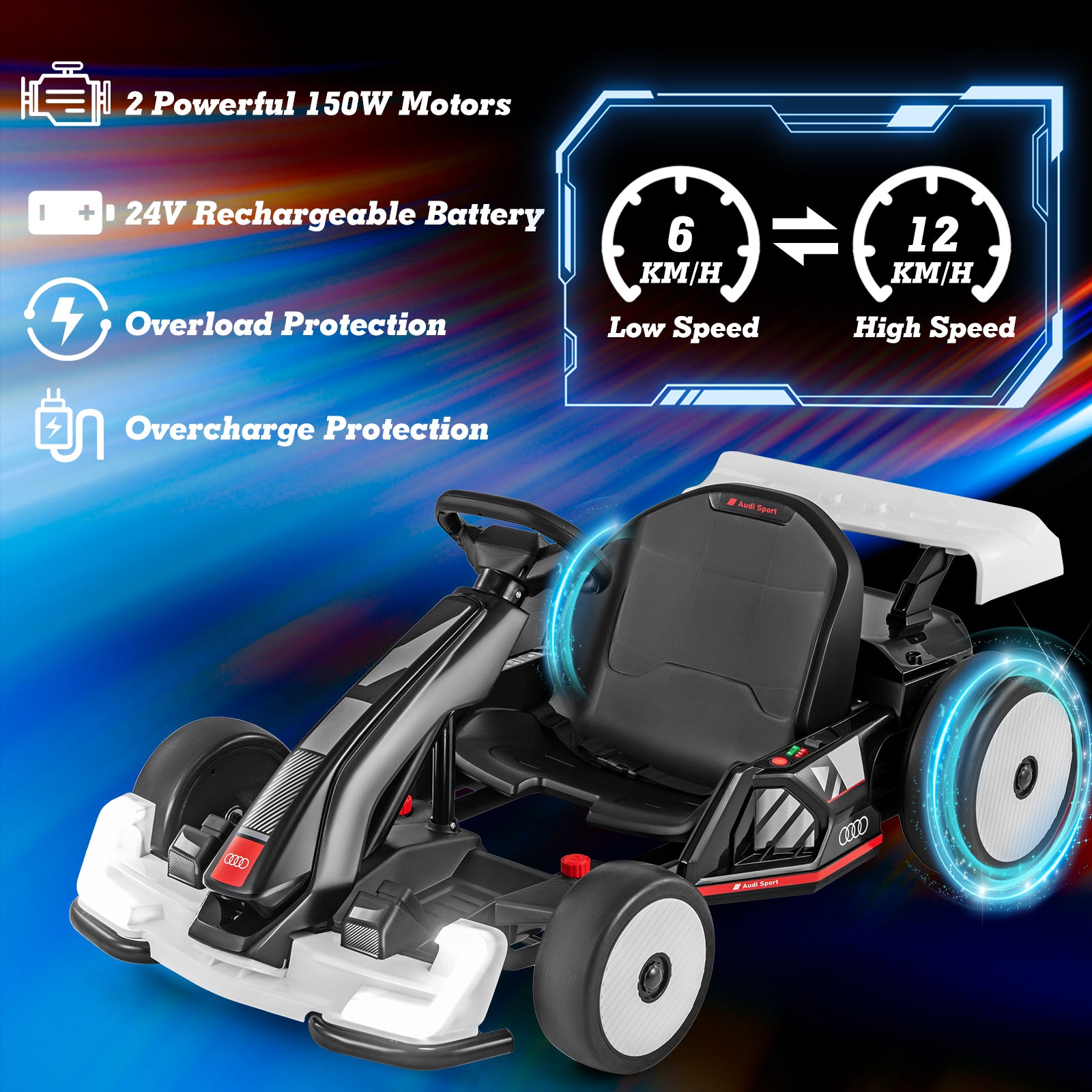 24V Kids Go Kart Licensed Audi Adjustable Ride on Racing Toy with Horn, Black & White Powered Ride On Toys at Gallery Canada