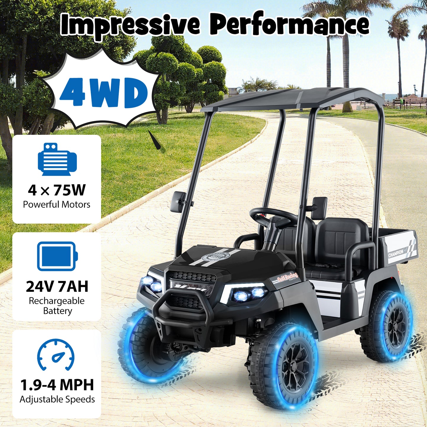 24V Kids Golf Cart, 4WD 2-Seater Ride On Car, Black Powered Ride On Toys at Gallery Canada