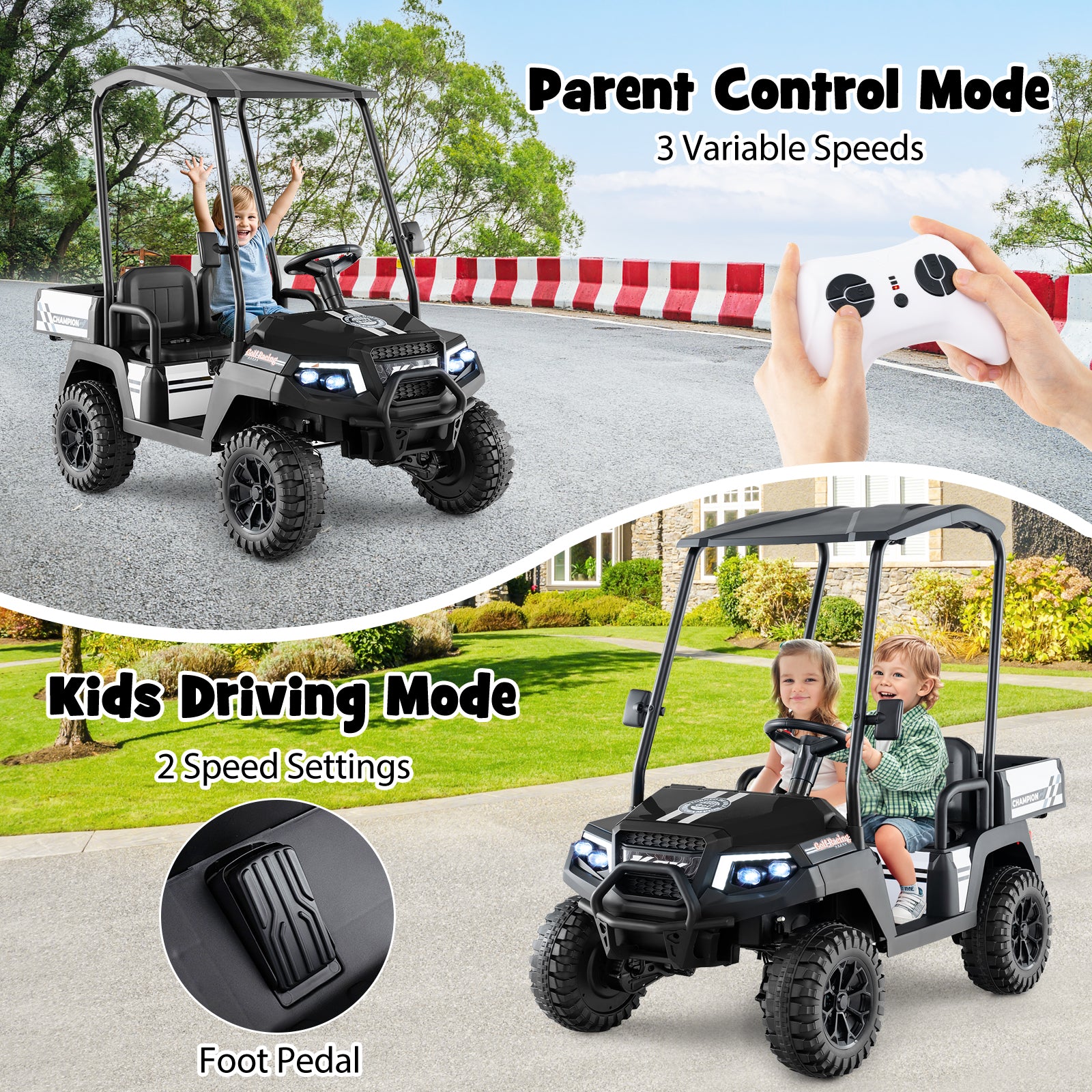 24V Kids Golf Cart, 4WD 2-Seater Ride On Car, Black Powered Ride On Toys at Gallery Canada