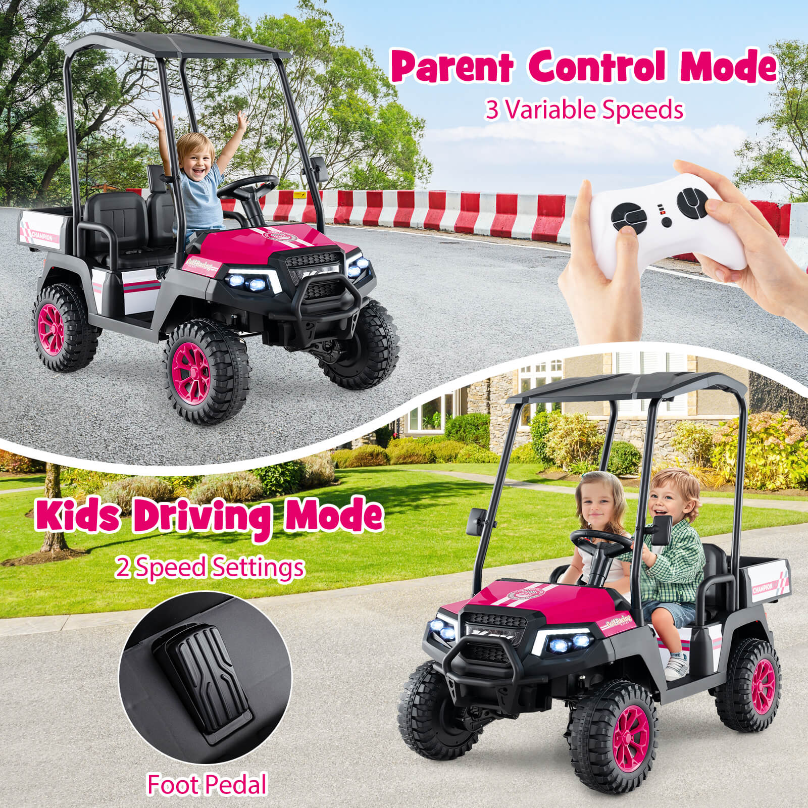 24V Kids Golf Cart, 4WD 2-Seater Ride On Car, Pink Powered Ride On Toys at Gallery Canada