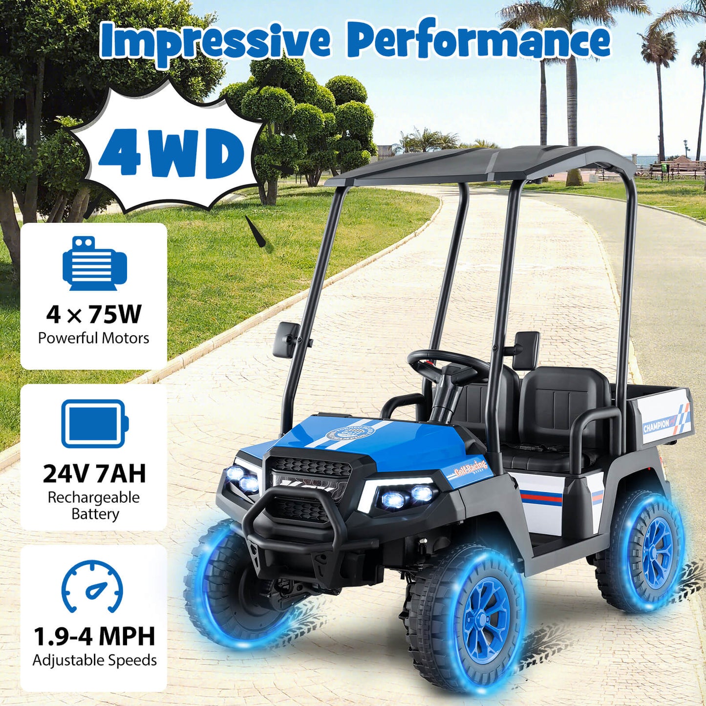 24V Kids Golf Cart, 4WD 2-Seater Ride On Car, Blue Powered Ride On Toys at Gallery Canada