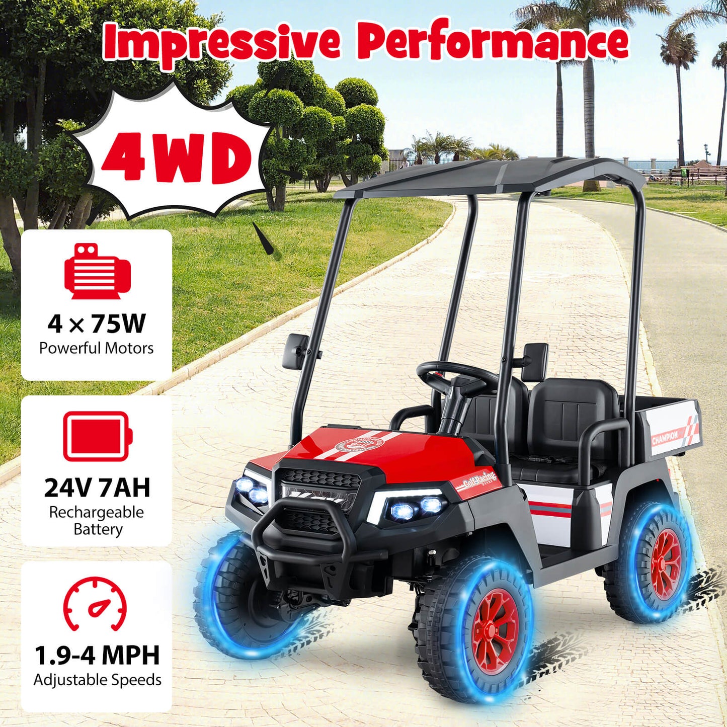 24V Kids Golf Cart, 4WD 2-Seater Ride On Car, Red Powered Ride On Toys at Gallery Canada