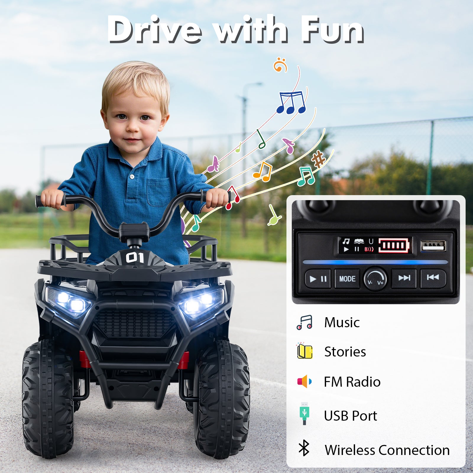 24V Kids Ride on Electric ATV Quad Car with Realistic Sounds and LED Lights, Black Powered Ride On Toys at Gallery Canada