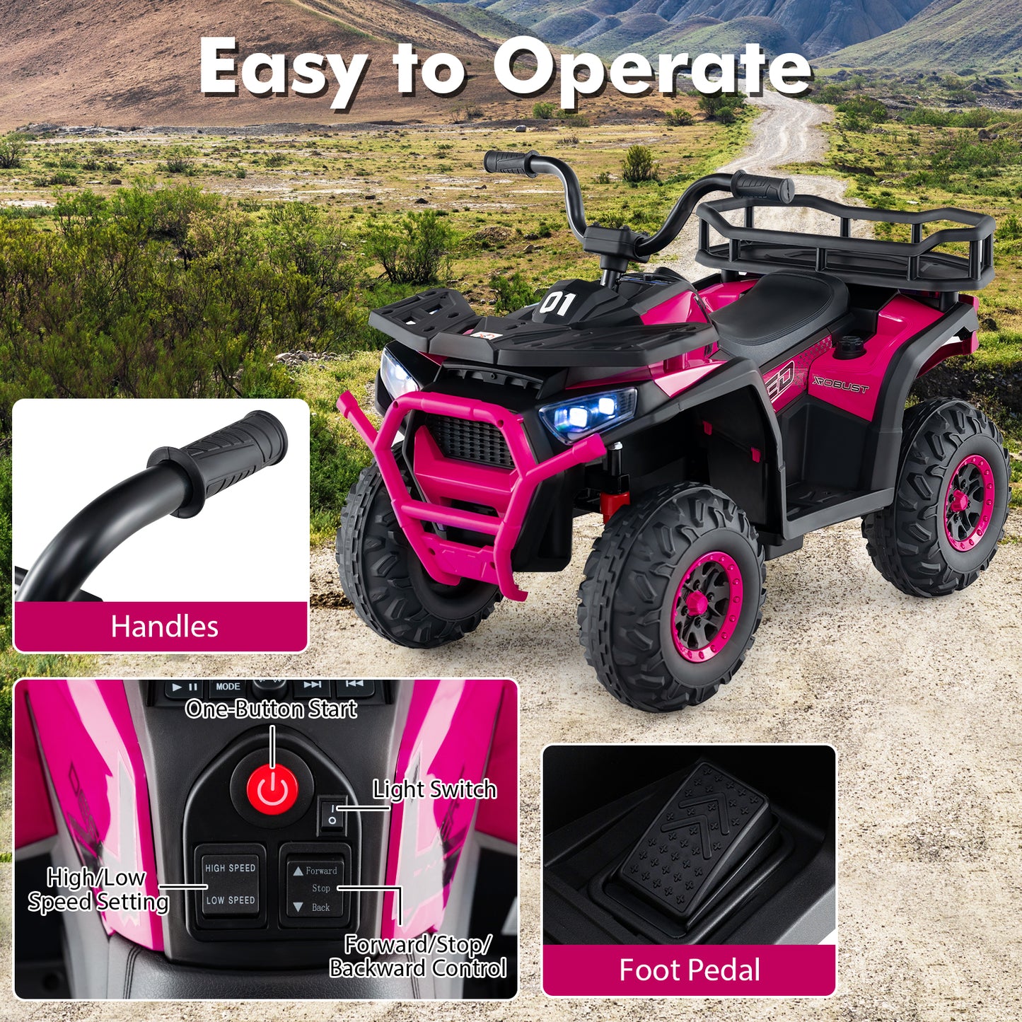 24V Kids Electric ATV Quad Car With LED Lights, Pink Powered Ride On Toys at Gallery Canada