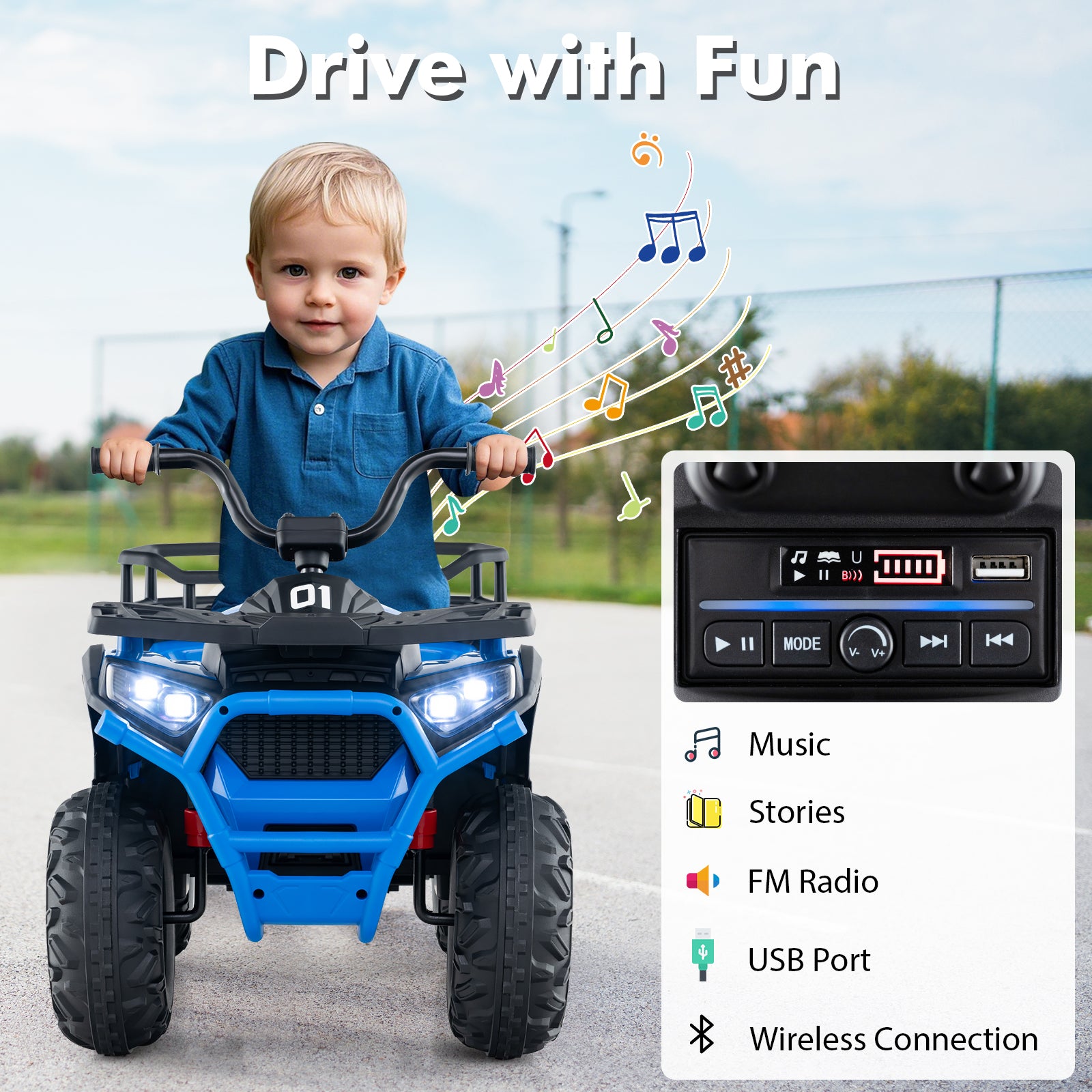 24V Kids Ride on Electric ATV Quad Car with Realistic Sounds and LED Lights, Navy Powered Ride On Toys at Gallery Canada
