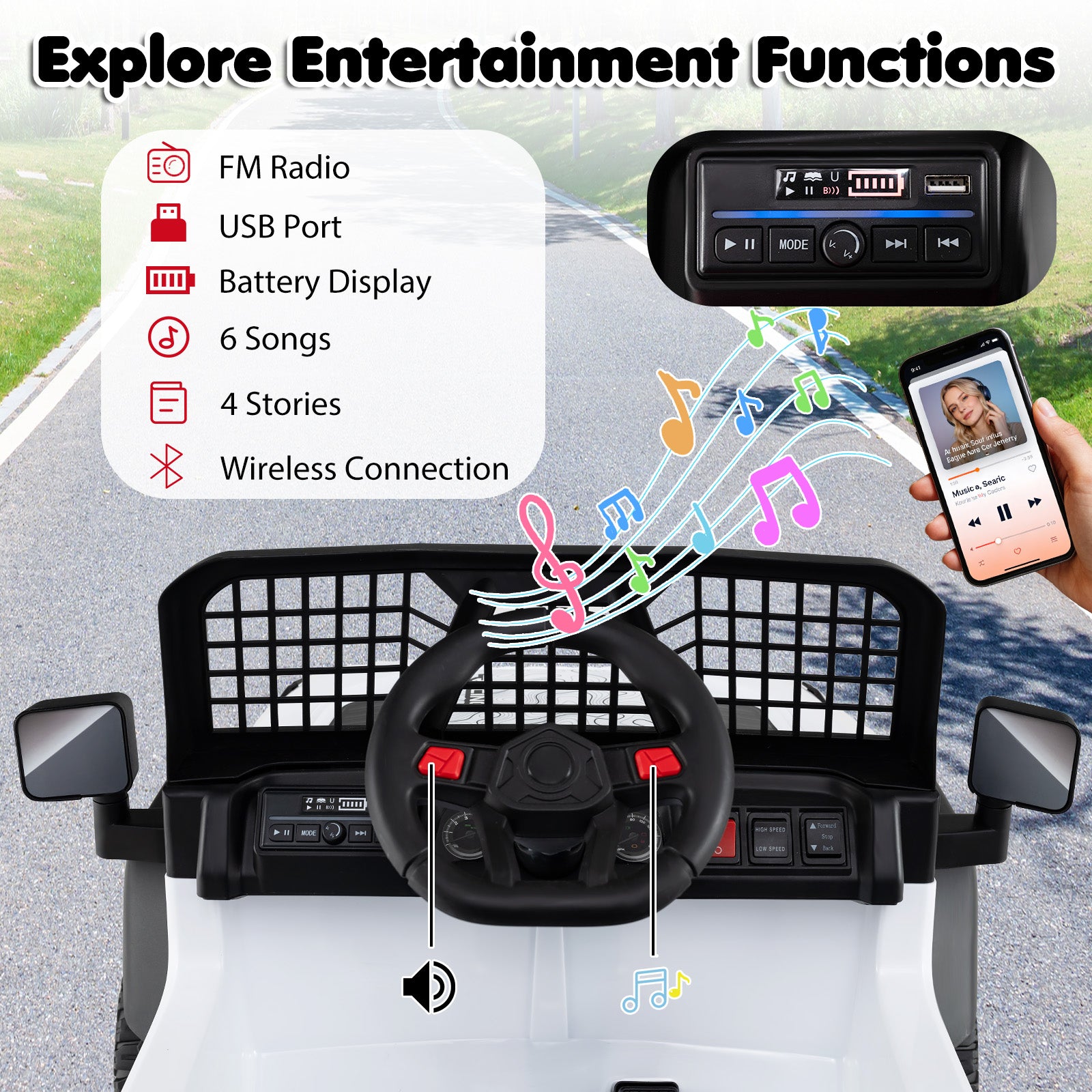 24V Ride On Car for Kids with Parent Remote Control and Music, White Powered Ride On Toys at Gallery Canada