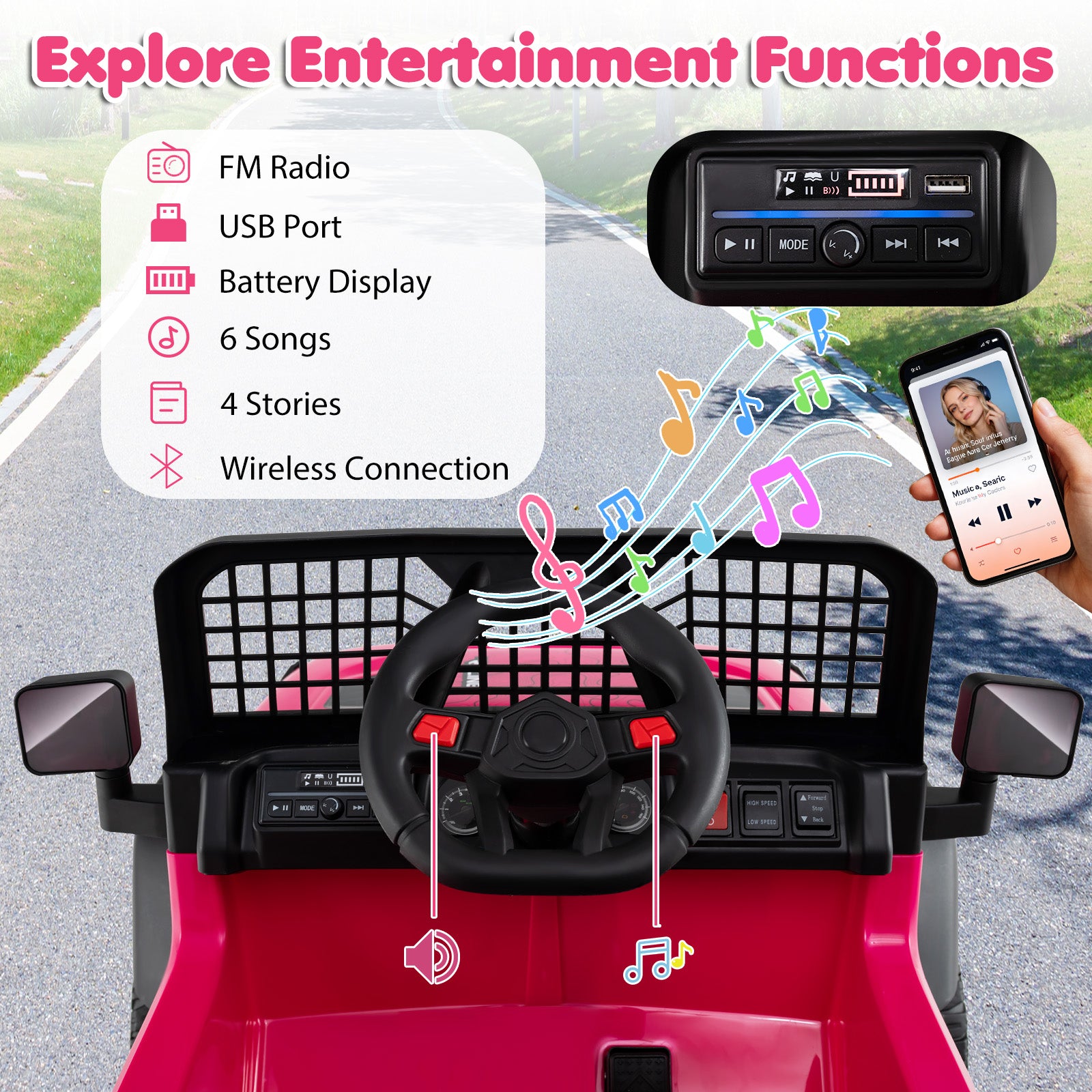 24V Ride On Car for Kids with Parent Remote Control and Music, Pink Powered Ride On Toys at Gallery Canada